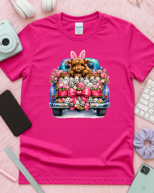 Highland Calf in Easter Truck with Bunny Ears and Patterned Eggs