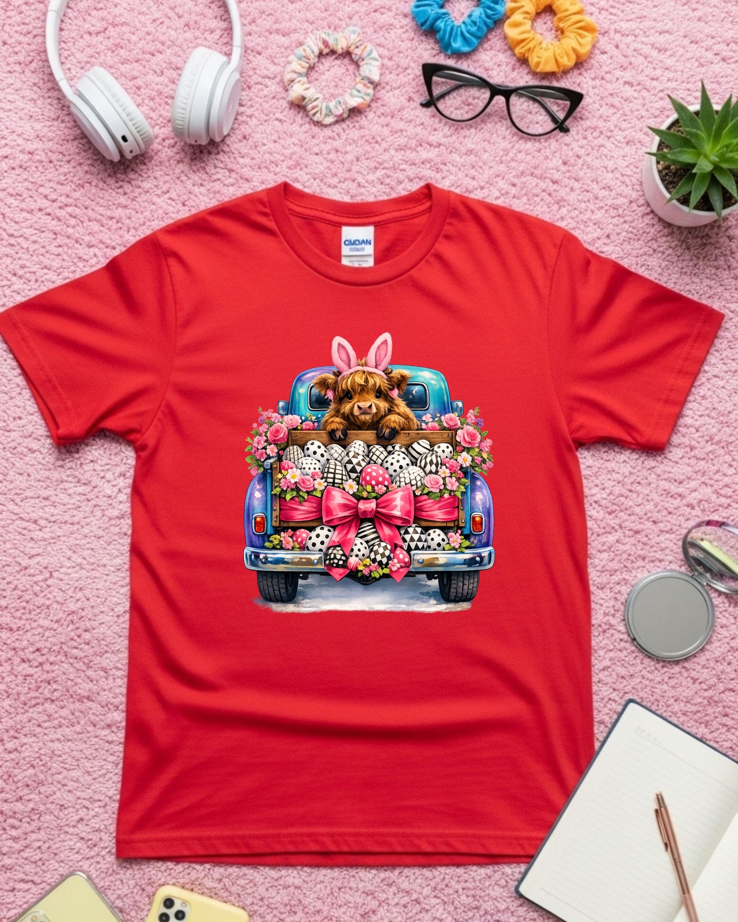 Highland Calf in Easter Truck with Bunny Ears and Patterned Eggs