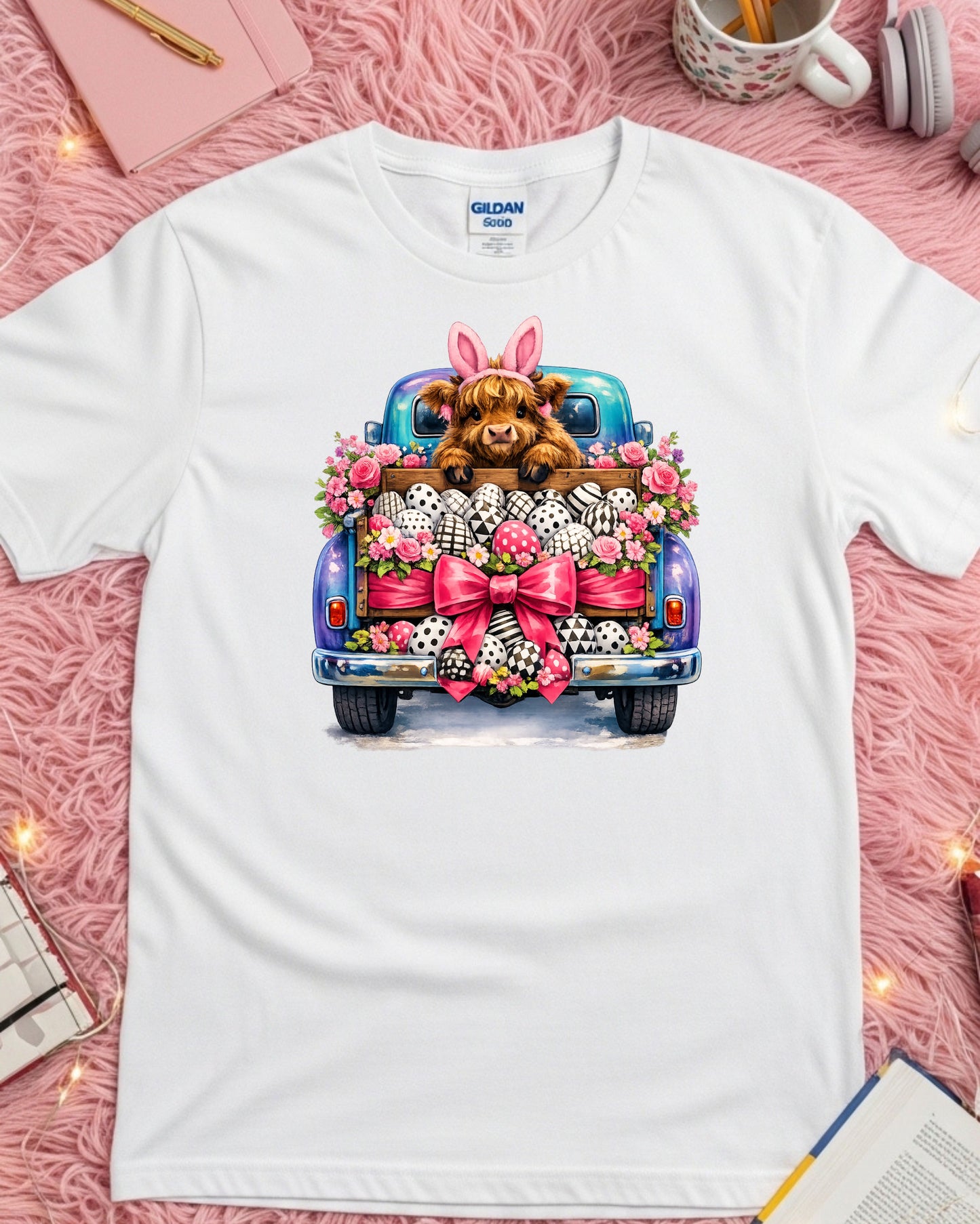 Highland Calf in Easter Truck with Bunny Ears and Patterned Eggs