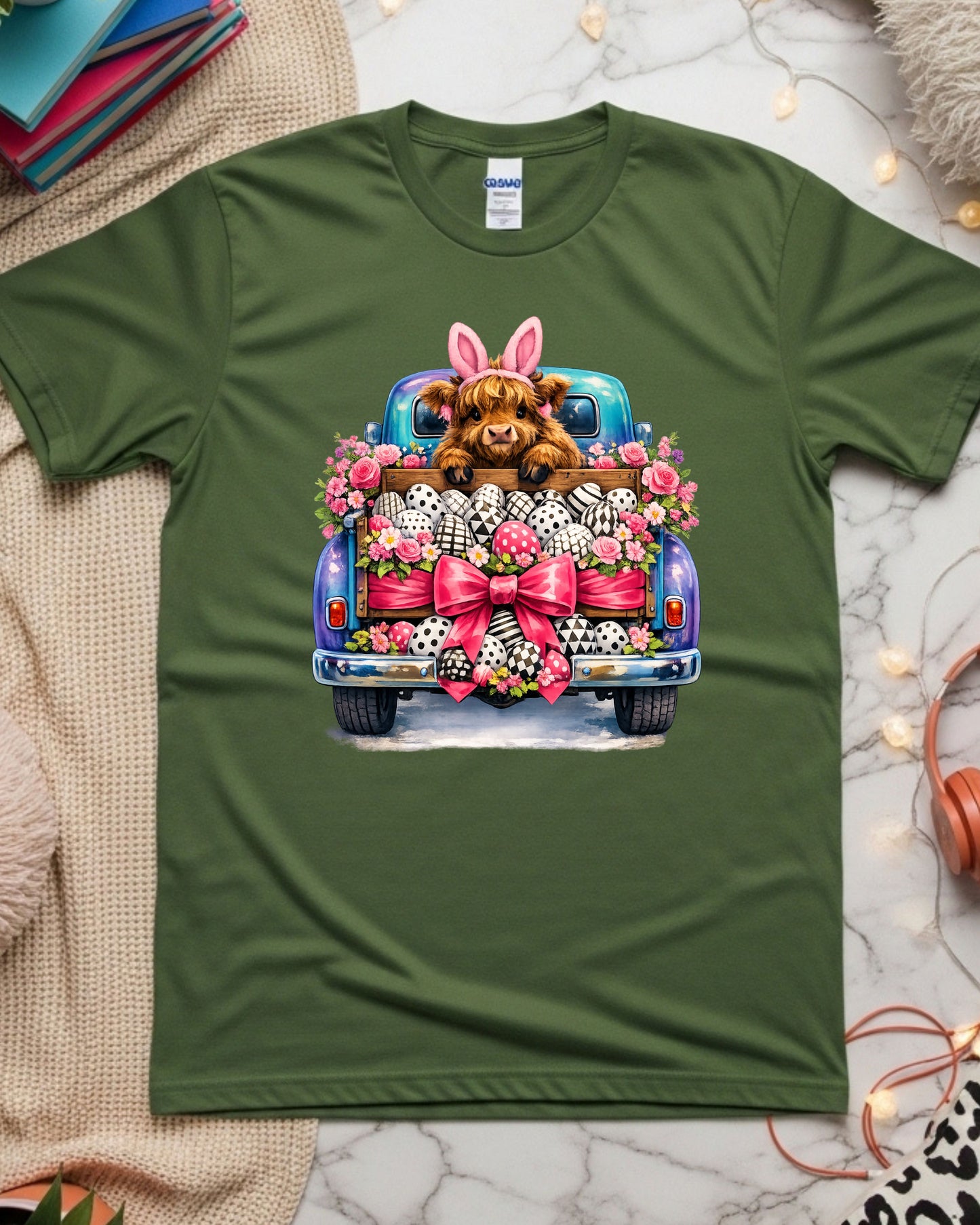 Highland Calf in Easter Truck with Bunny Ears and Patterned Eggs