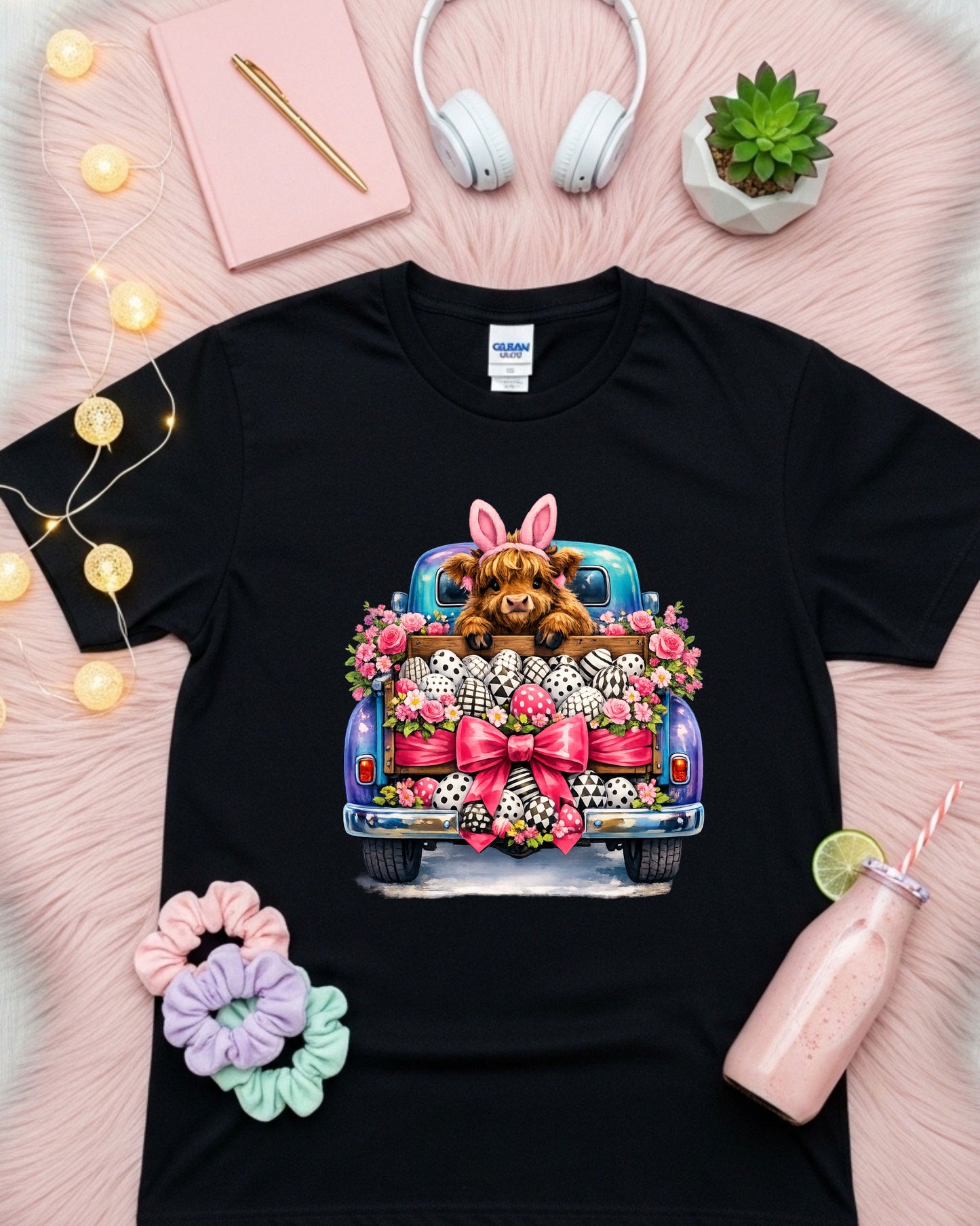 Highland Calf in Easter Truck with Bunny Ears and Patterned Eggs