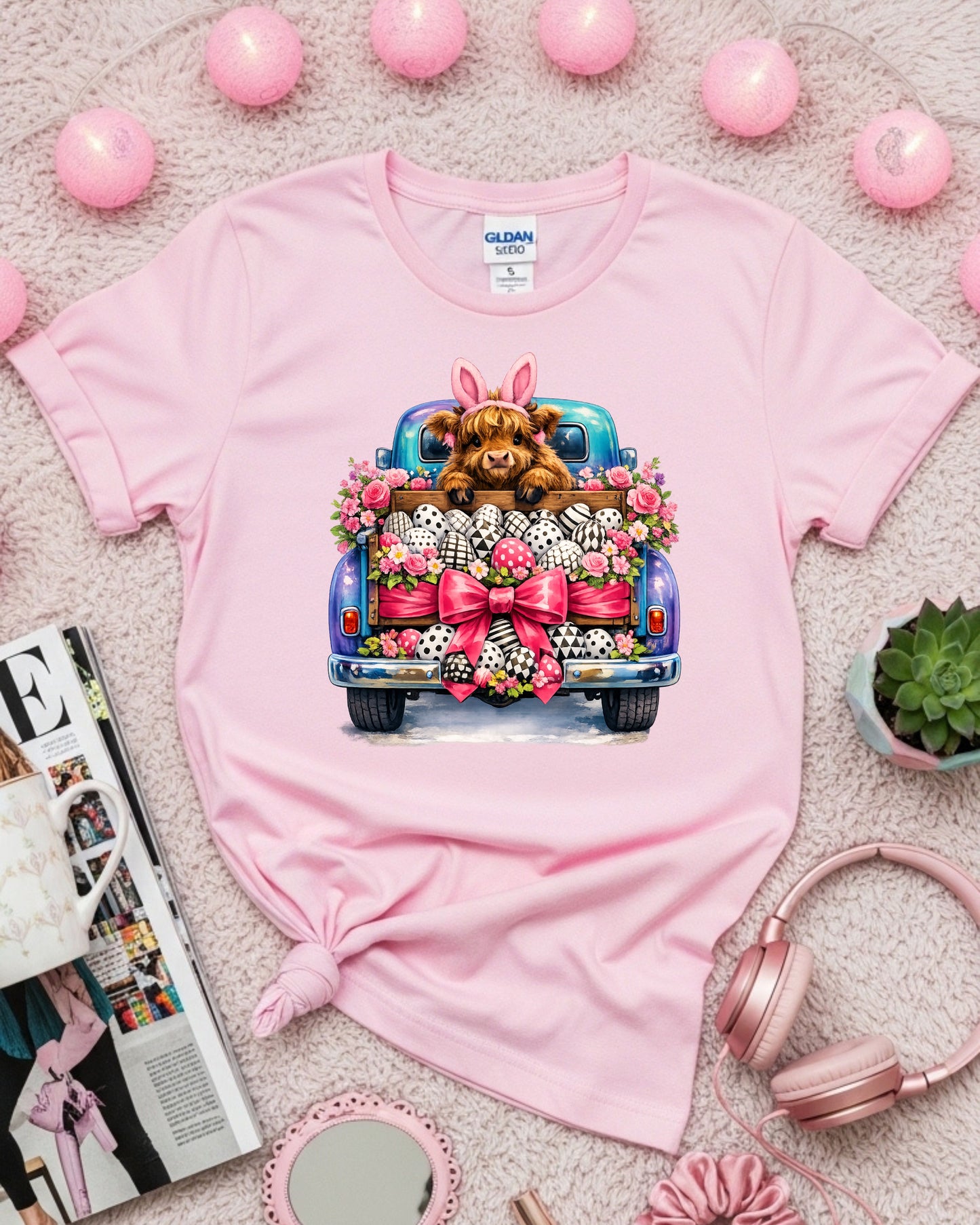 Highland Calf in Easter Truck with Bunny Ears and Patterned Eggs