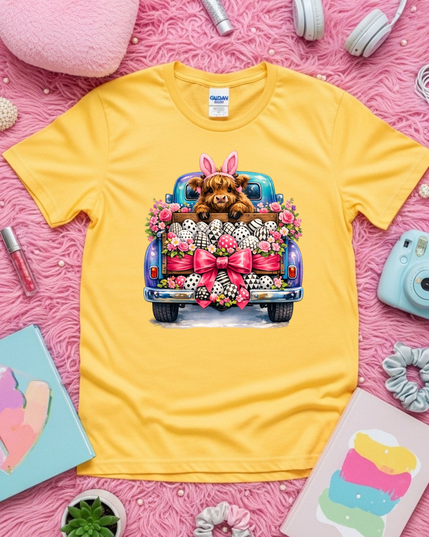 Highland Calf in Easter Truck with Bunny Ears and Patterned Eggs