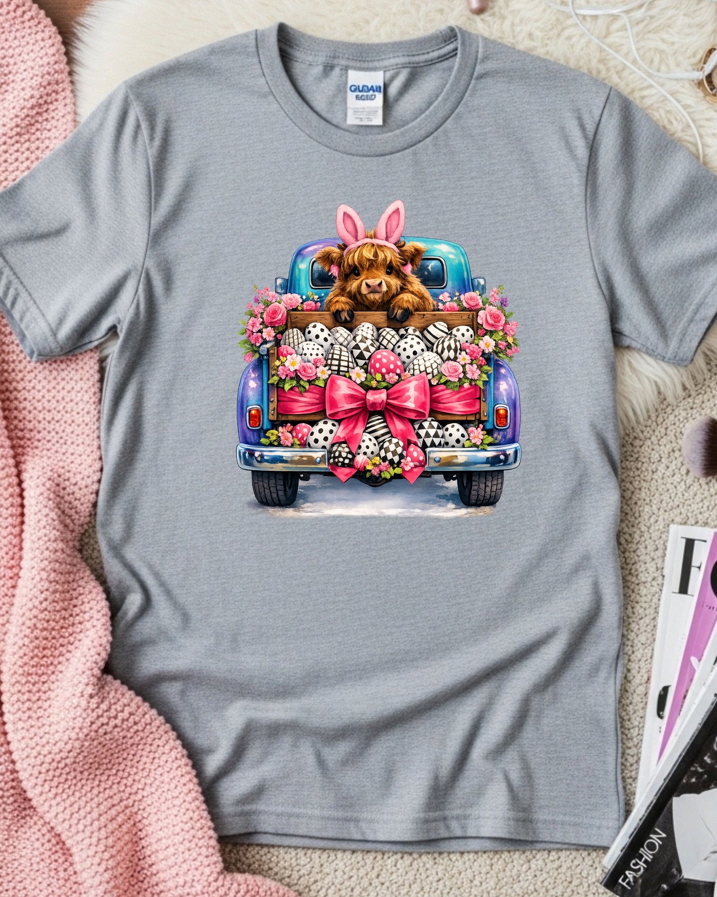 Highland Calf in Easter Truck with Bunny Ears and Patterned Eggs