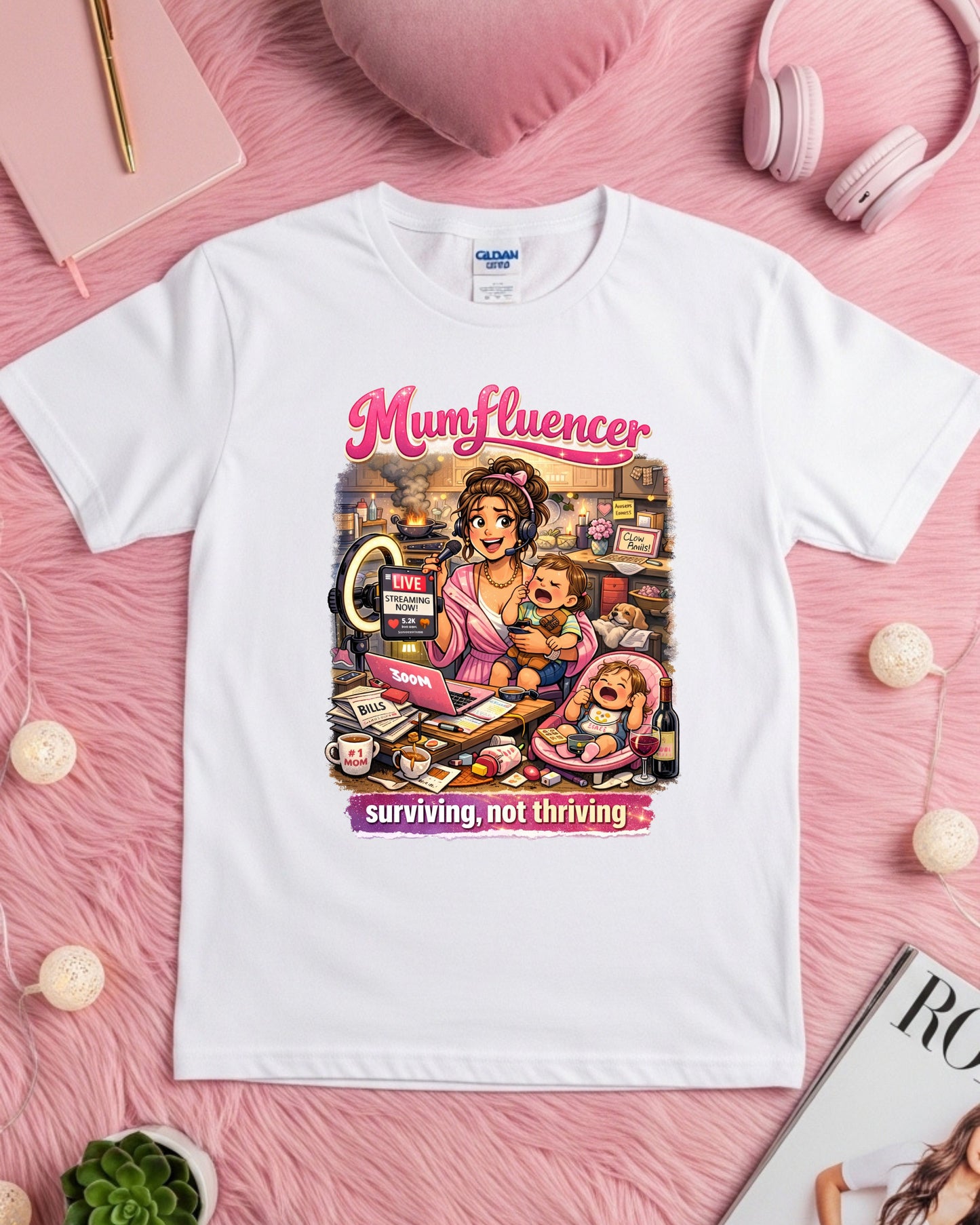 Mumfluencer T‑Shirt Surviving Not Thriving Funny Mum Life Tee Overwhelmed Mom Shirt Relatable Parenting Gift Busy Mom Humour Top