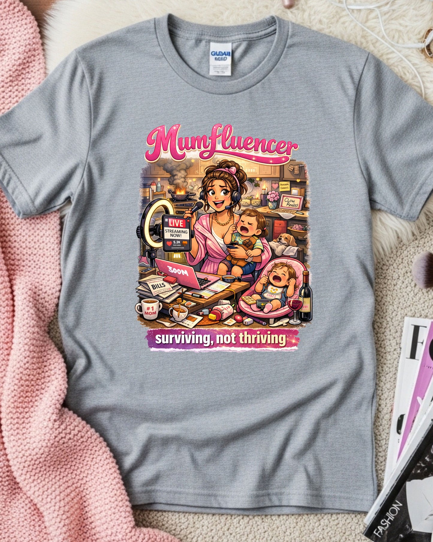 Mumfluencer T‑Shirt Surviving Not Thriving Funny Mum Life Tee Overwhelmed Mom Shirt Relatable Parenting Gift Busy Mom Humour Top