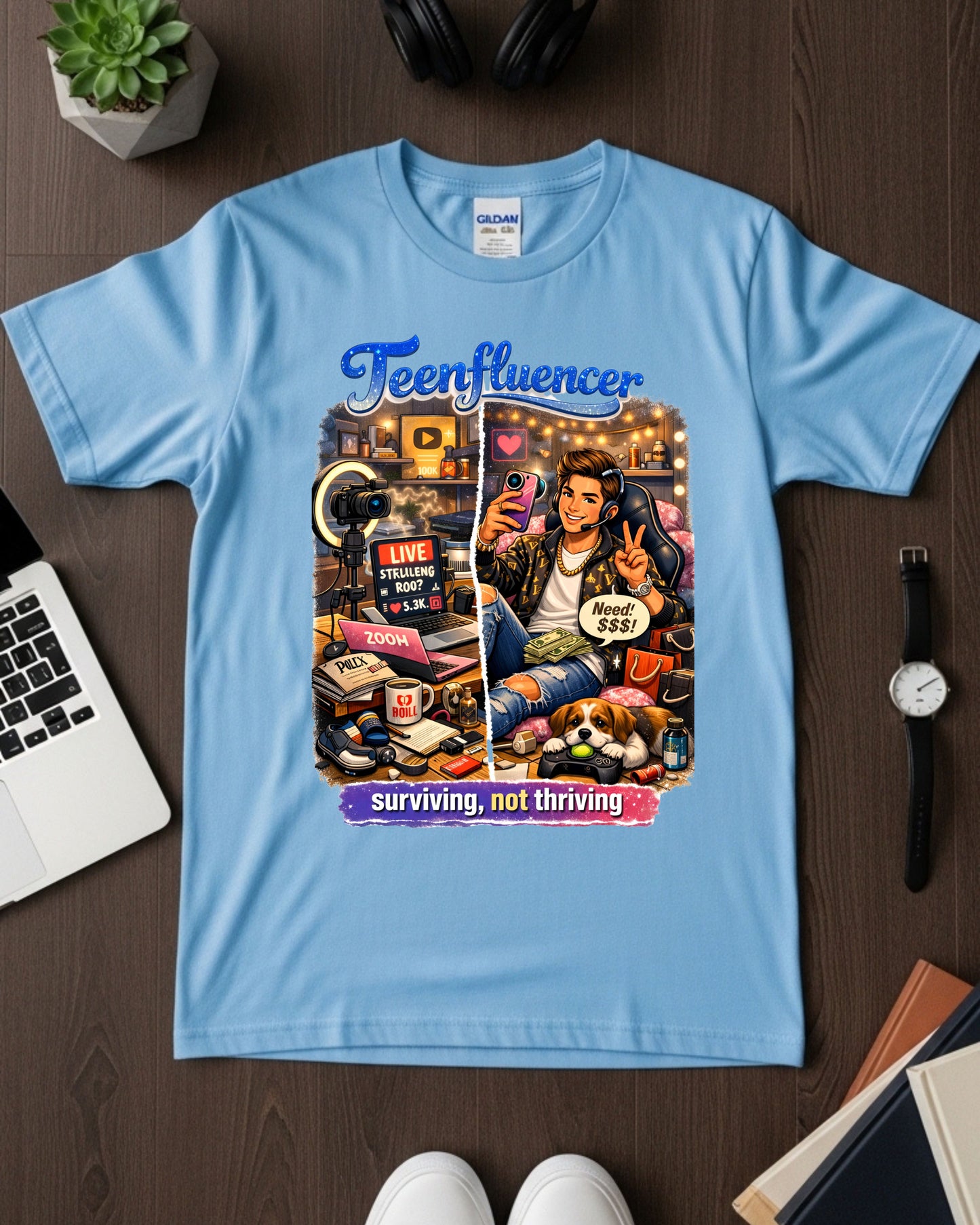 Teenfluencer Boy T‑Shirt Funny Teen Influencer Tee Surviving Not Thriving Shirt Aesthetic Teen Boy Gift Trendy Gen Z Graphic Top