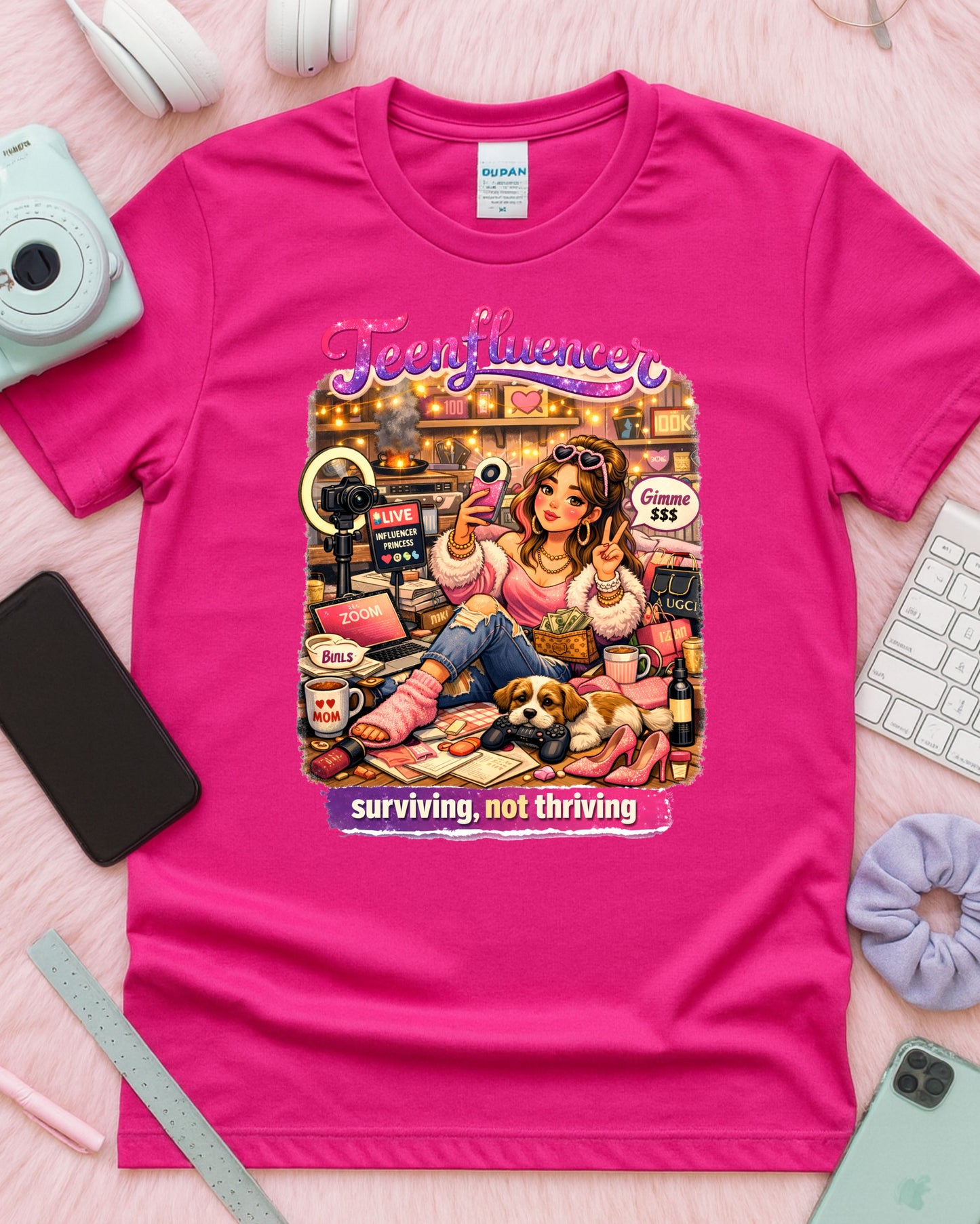 Teenfluencer T‑Shirt Funny Teen Girl Influencer Tee Surviving Not Thriving Shirt Trendy Gen Z Aesthetic Teen Content Creator Gift
