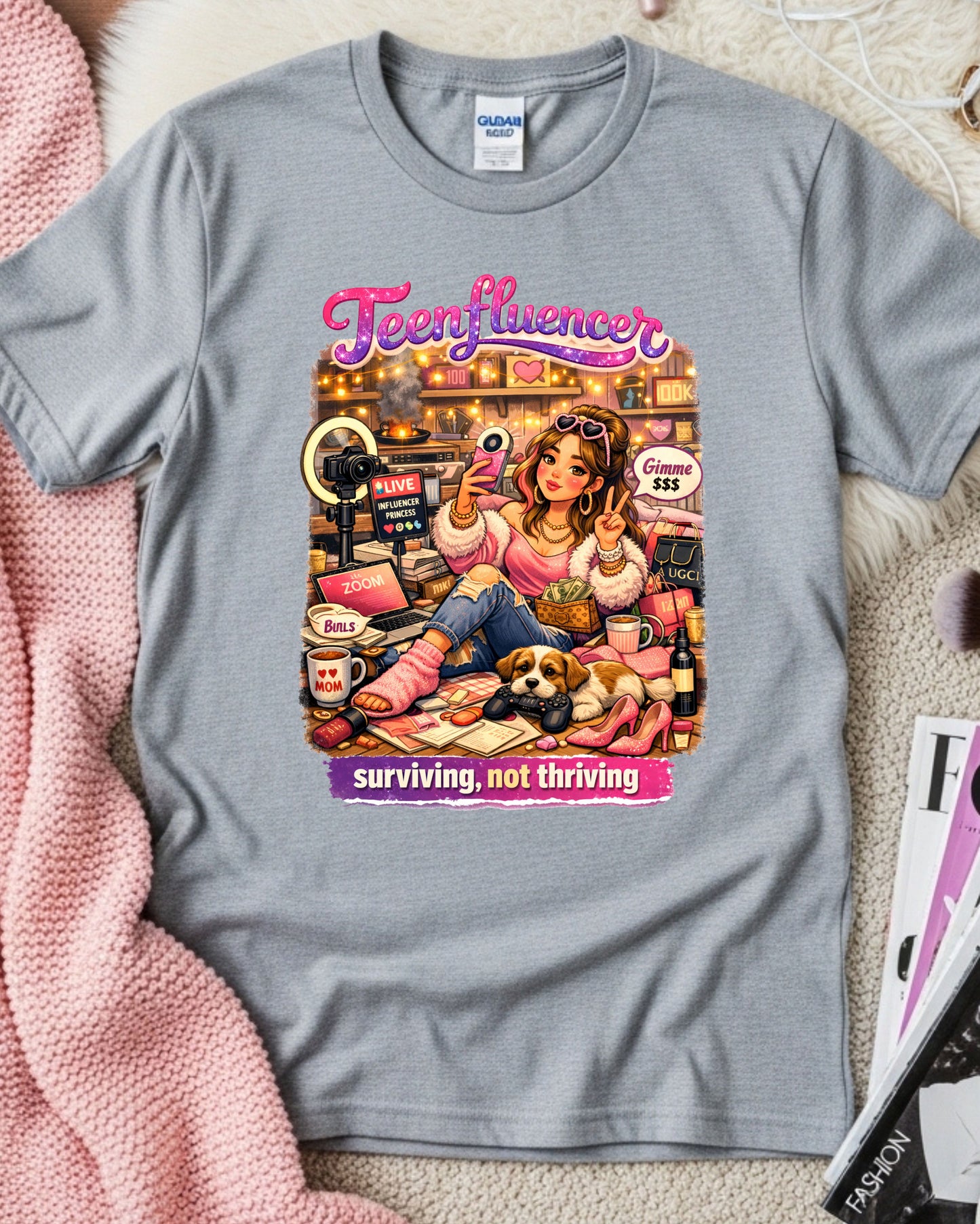 Teenfluencer T‑Shirt Funny Teen Girl Influencer Tee Surviving Not Thriving Shirt Trendy Gen Z Aesthetic Teen Content Creator Gift