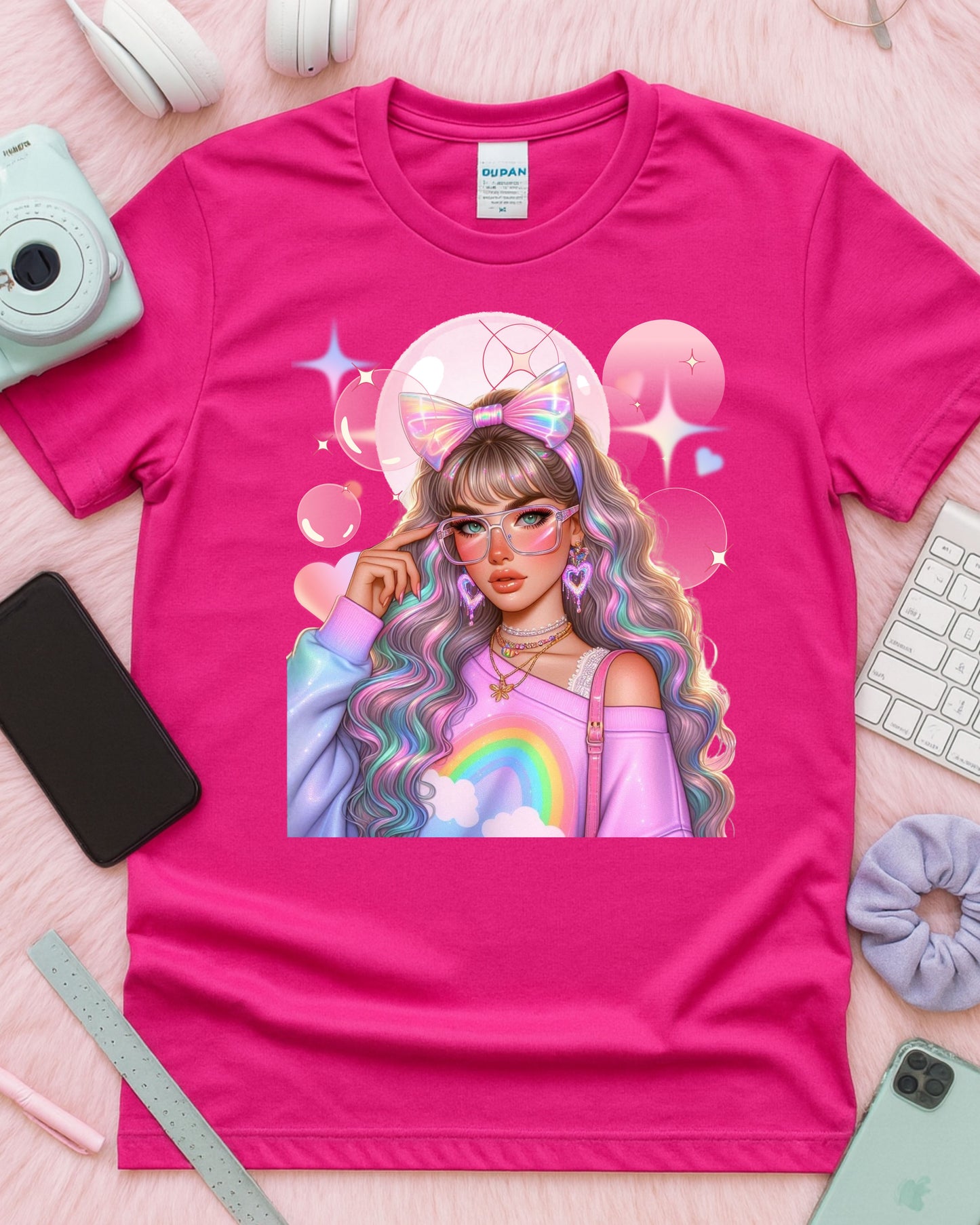 Kawaii Pastel Girl T‑Shirt Soft Girl Aesthetic Tee Gen Z Rainbow Hair Graphic Cute Pastel Anime‑Inspired Top Whimsical Aesthetic Shirt