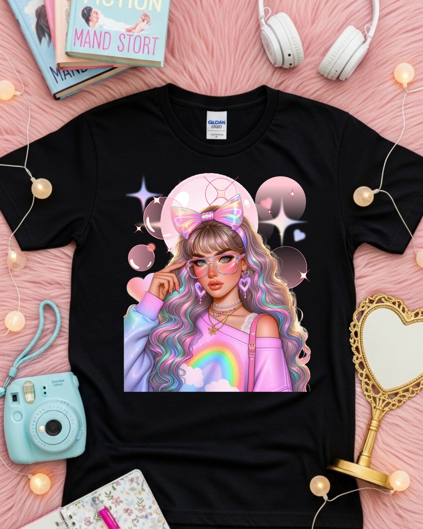 Kawaii Pastel Girl T‑Shirt Soft Girl Aesthetic Tee Gen Z Rainbow Hair Graphic Cute Pastel Anime‑Inspired Top Whimsical Aesthetic Shirt