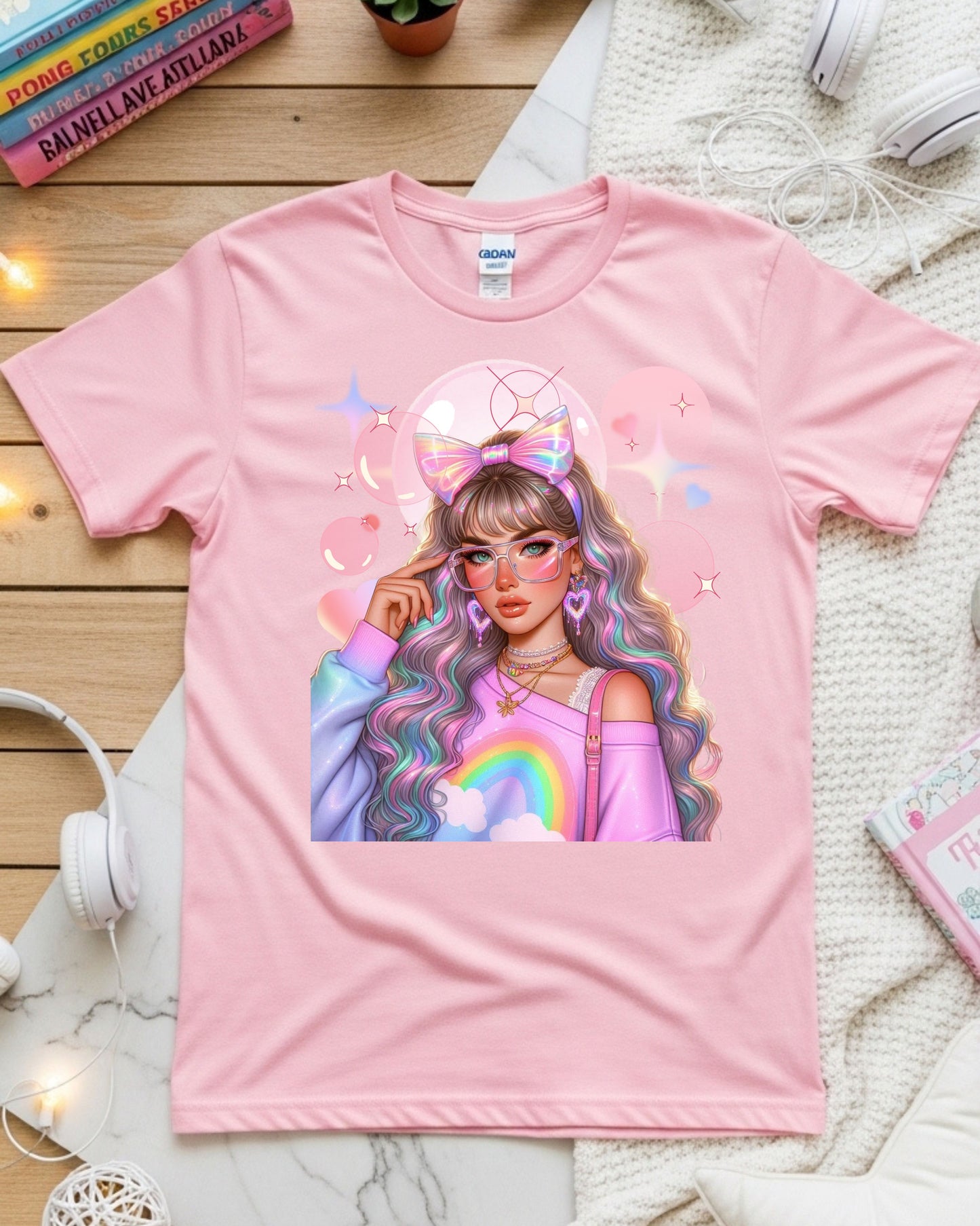 Kawaii Pastel Girl T‑Shirt Soft Girl Aesthetic Tee Gen Z Rainbow Hair Graphic Cute Pastel Anime‑Inspired Top Whimsical Aesthetic Shirt