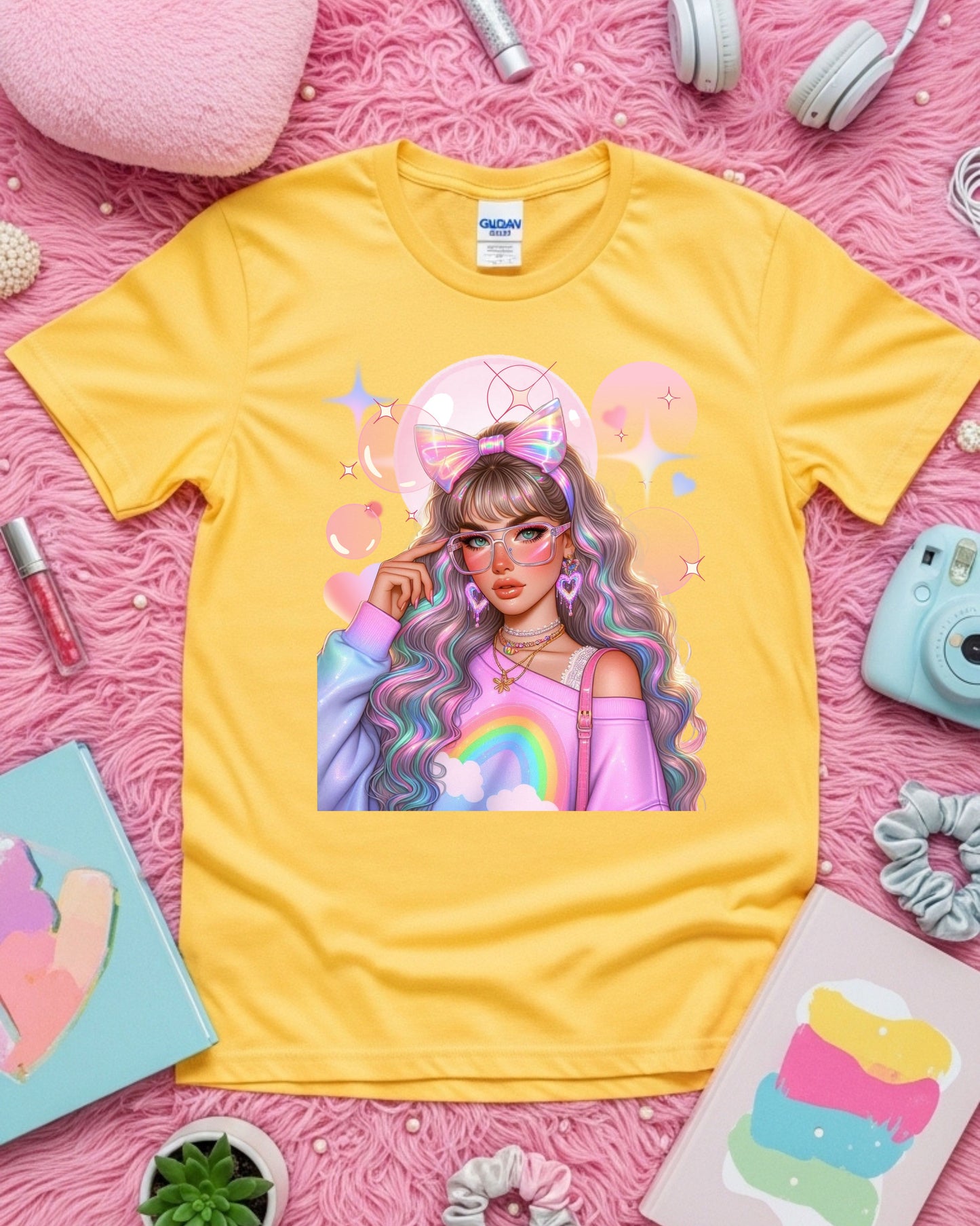 Kawaii Pastel Girl T‑Shirt Soft Girl Aesthetic Tee Gen Z Rainbow Hair Graphic Cute Pastel Anime‑Inspired Top Whimsical Aesthetic Shirt