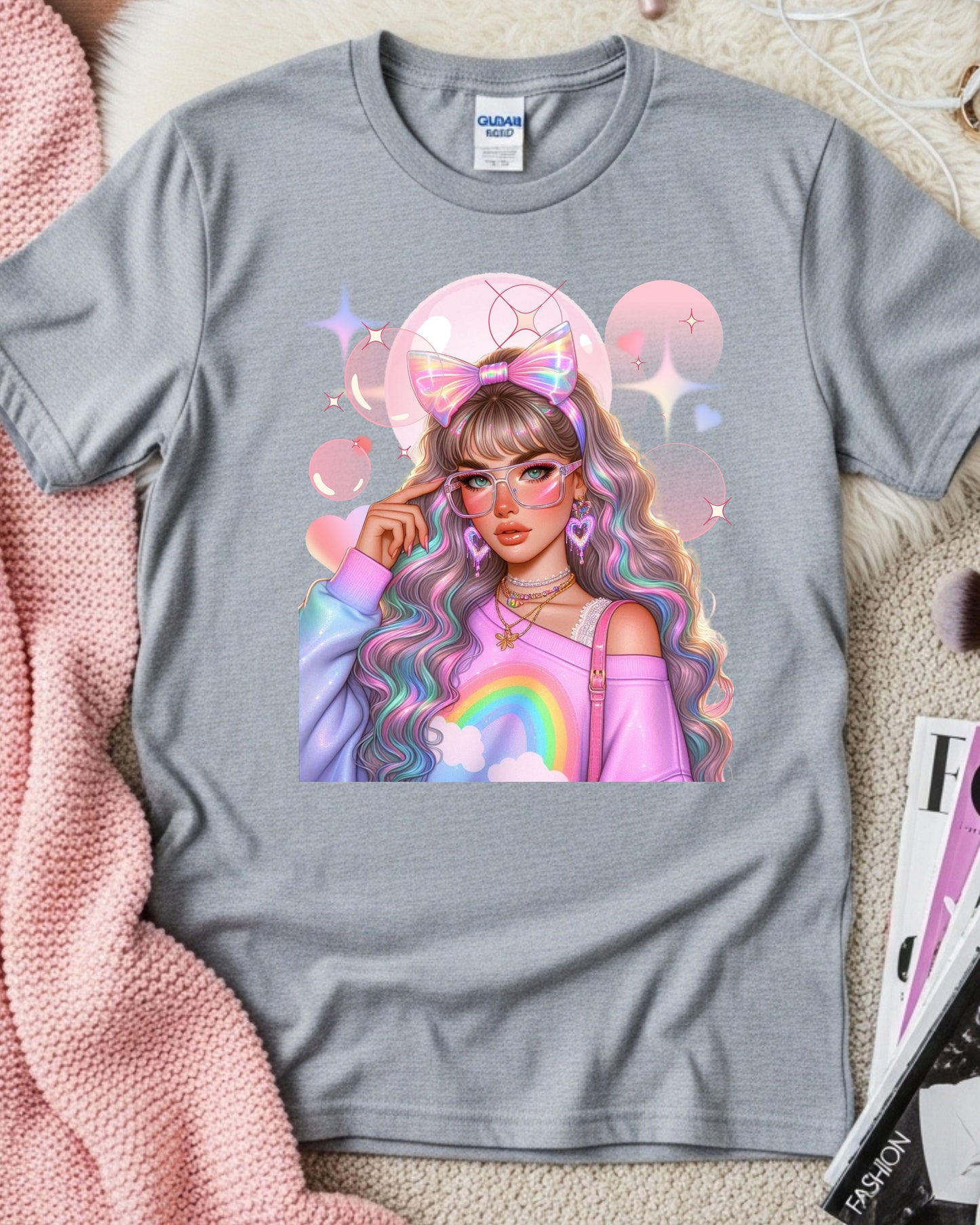 Kawaii Pastel Girl T‑Shirt Soft Girl Aesthetic Tee Gen Z Rainbow Hair Graphic Cute Pastel Anime‑Inspired Top Whimsical Aesthetic Shirt