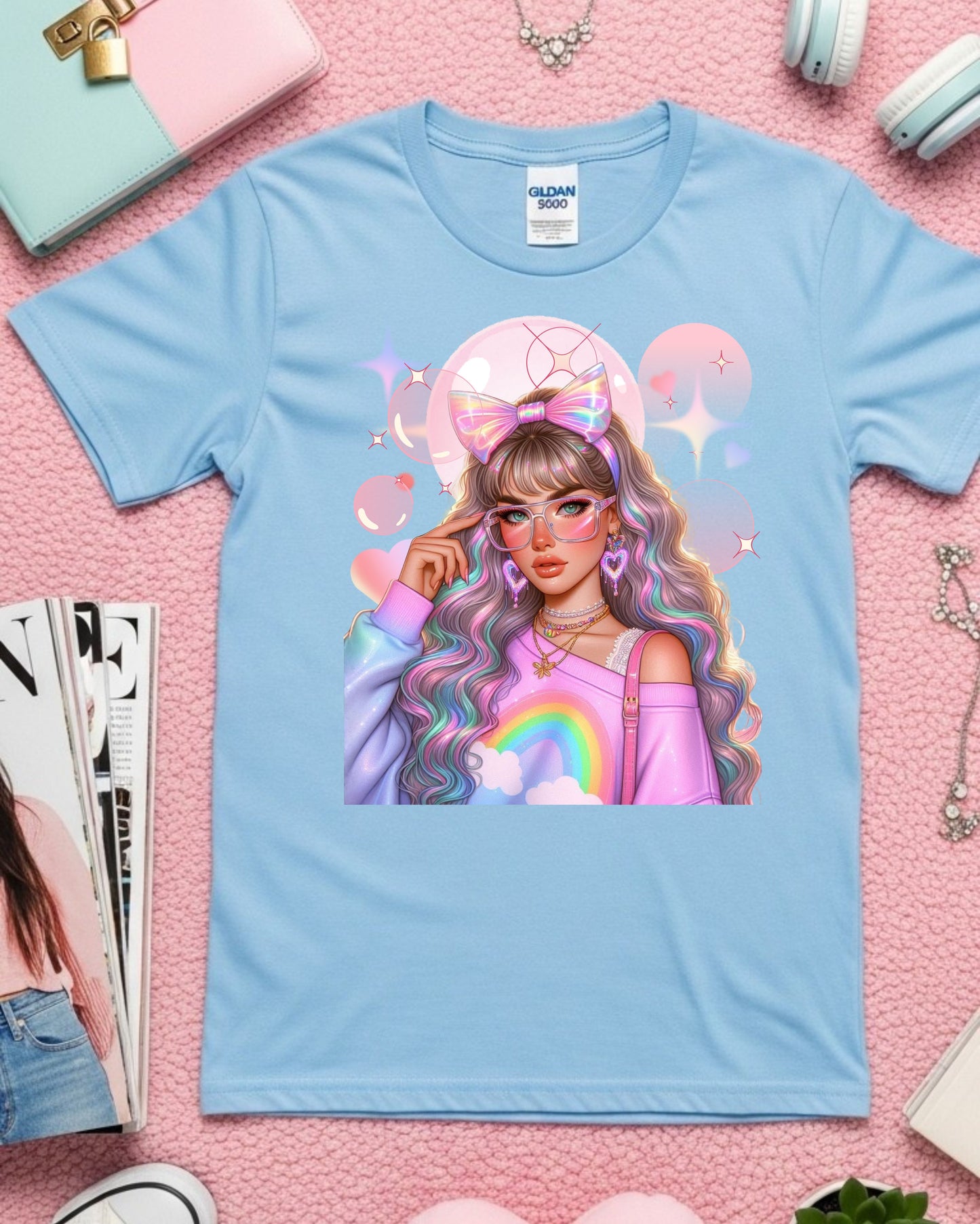 Kawaii Pastel Girl T‑Shirt Soft Girl Aesthetic Tee Gen Z Rainbow Hair Graphic Cute Pastel Anime‑Inspired Top Whimsical Aesthetic Shirt