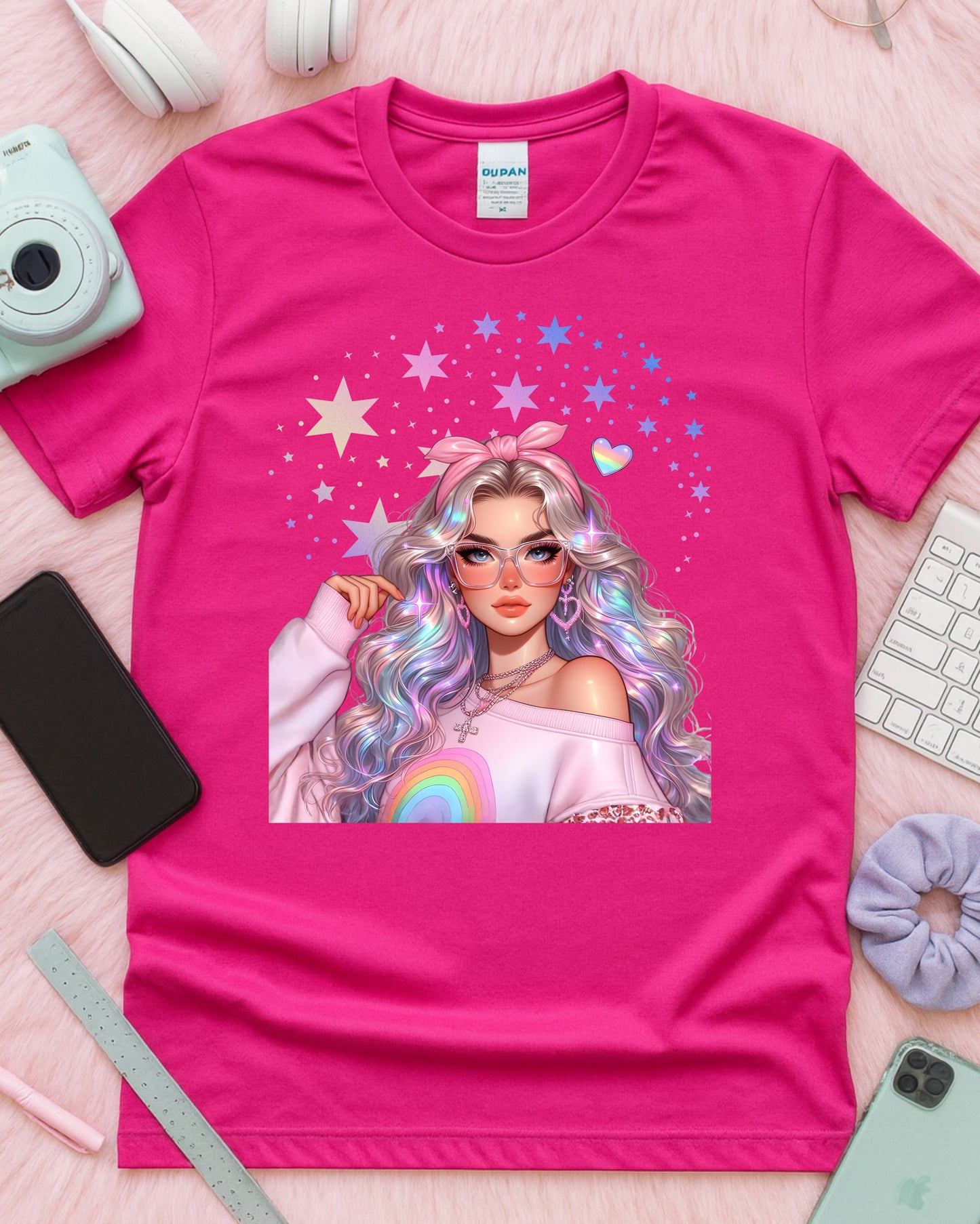 Kawaii Pastel Girl, T‑Shirt Soft Girl Aesthetic Tee Gen Z Rainbow Hair Graphic Cute Pastel Anime‑Inspired Top