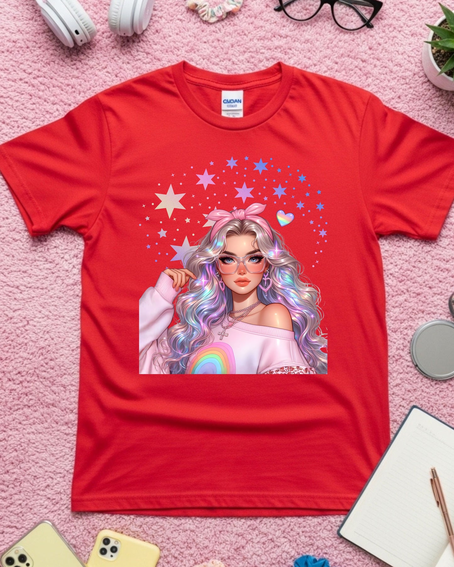 Kawaii Pastel Girl, T‑Shirt Soft Girl Aesthetic Tee Gen Z Rainbow Hair Graphic Cute Pastel Anime‑Inspired Top