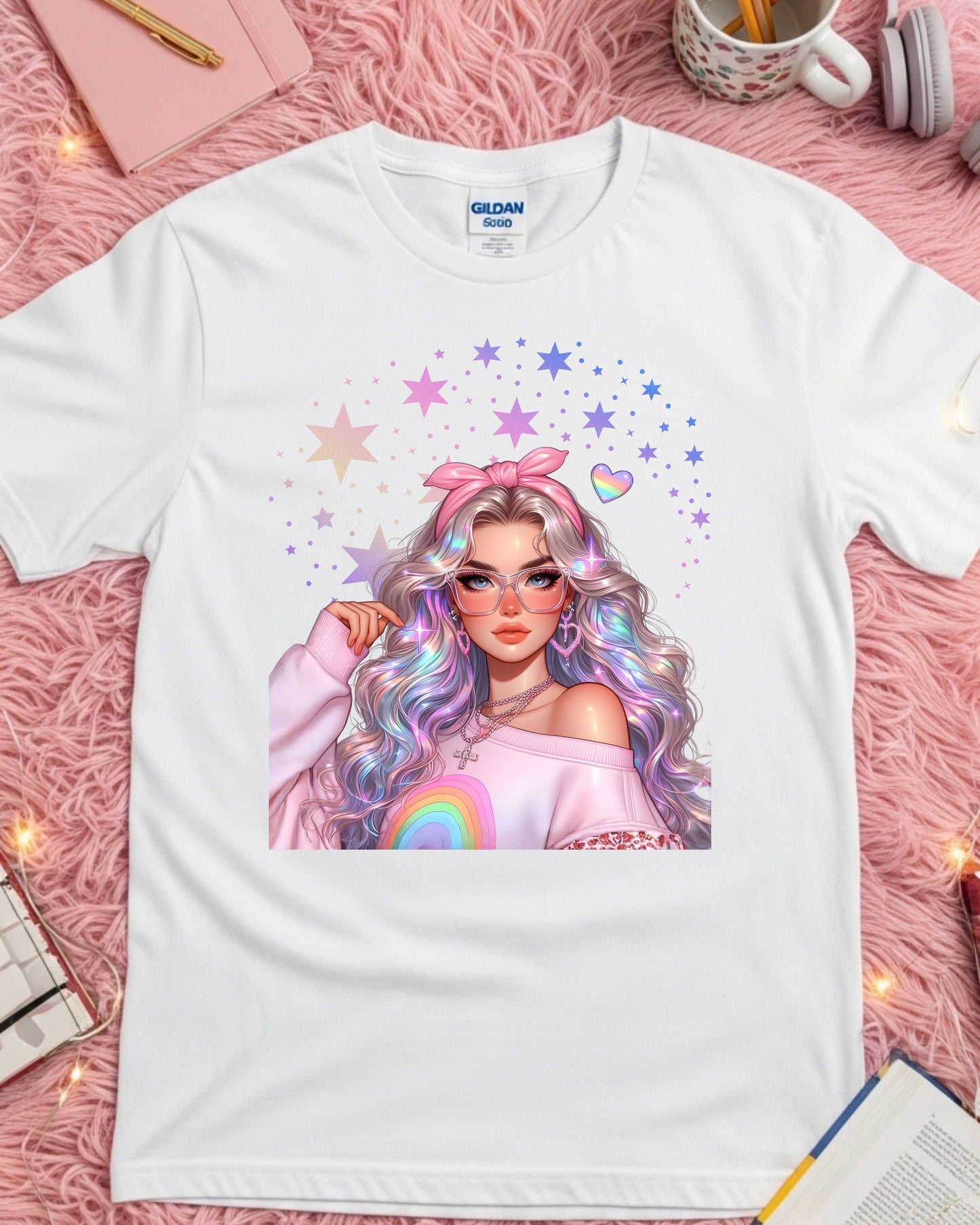 Kawaii Pastel Girl, T‑Shirt Soft Girl Aesthetic Tee Gen Z Rainbow Hair Graphic Cute Pastel Anime‑Inspired Top