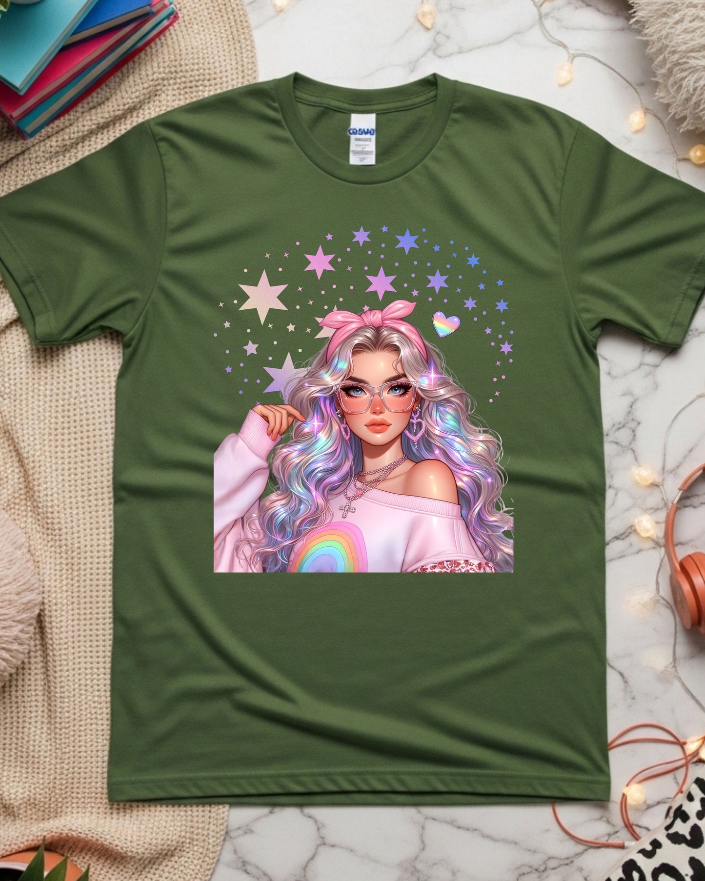 Kawaii Pastel Girl, T‑Shirt Soft Girl Aesthetic Tee Gen Z Rainbow Hair Graphic Cute Pastel Anime‑Inspired Top