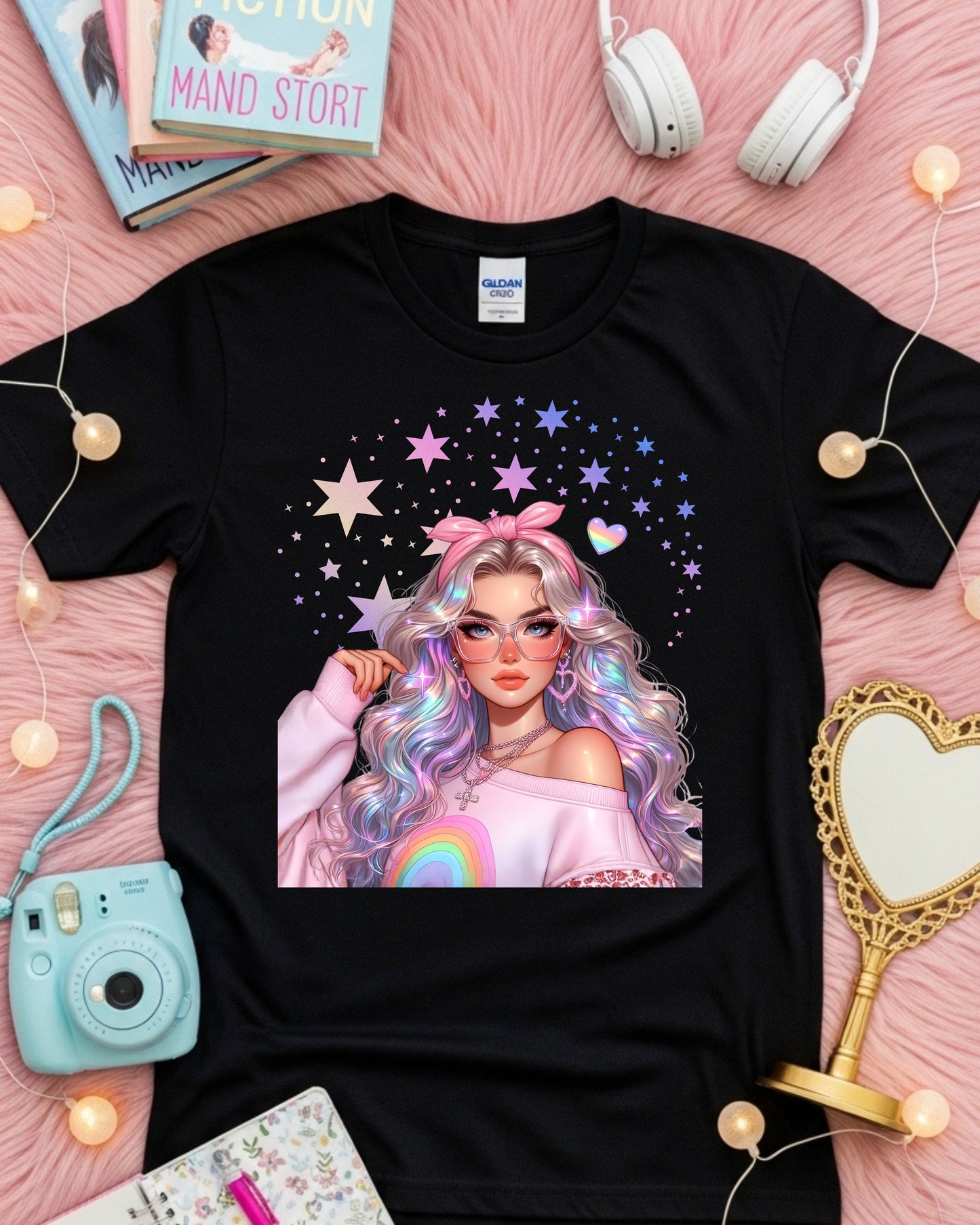 Kawaii Pastel Girl, T‑Shirt Soft Girl Aesthetic Tee Gen Z Rainbow Hair Graphic Cute Pastel Anime‑Inspired Top