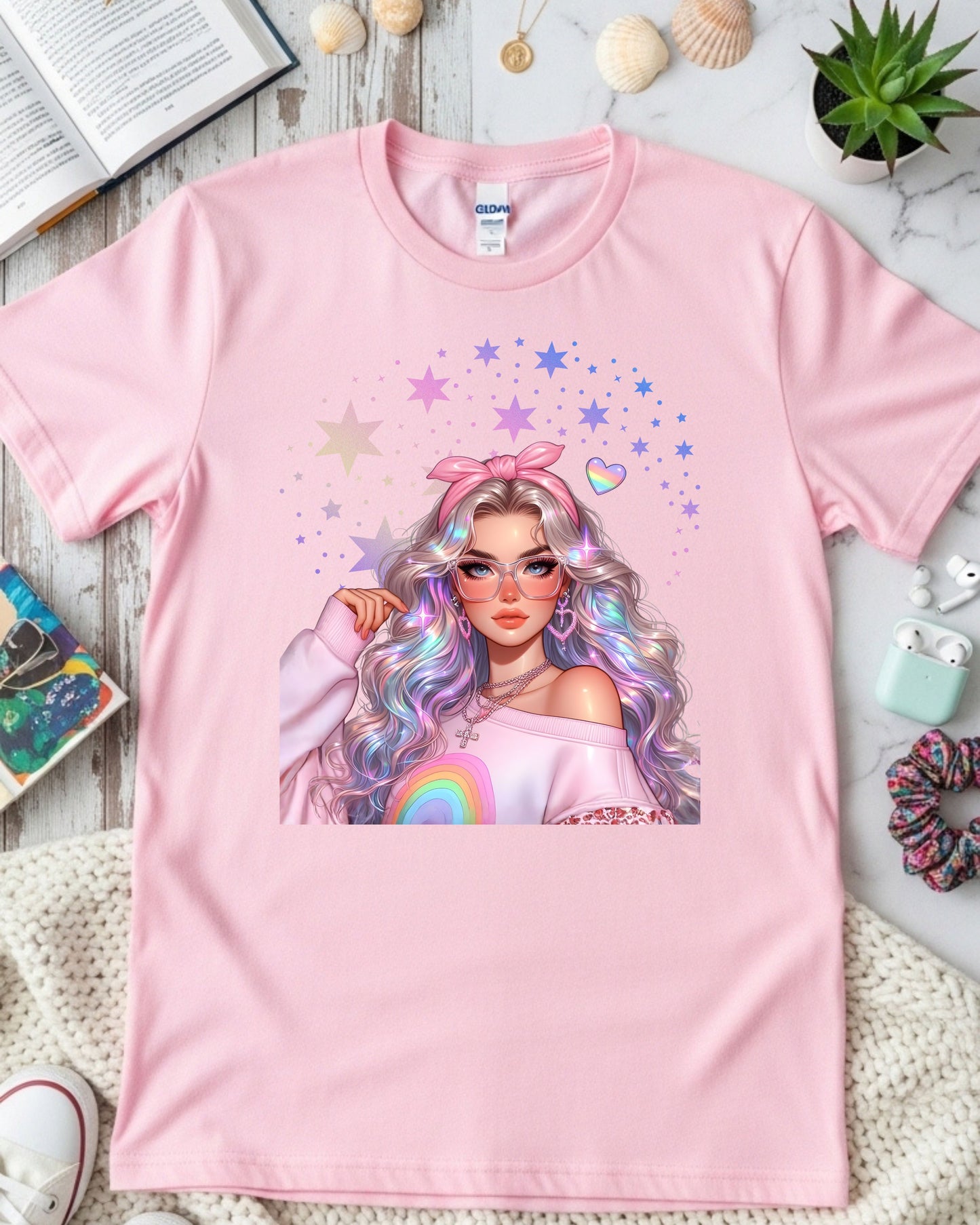 Kawaii Pastel Girl, T‑Shirt Soft Girl Aesthetic Tee Gen Z Rainbow Hair Graphic Cute Pastel Anime‑Inspired Top