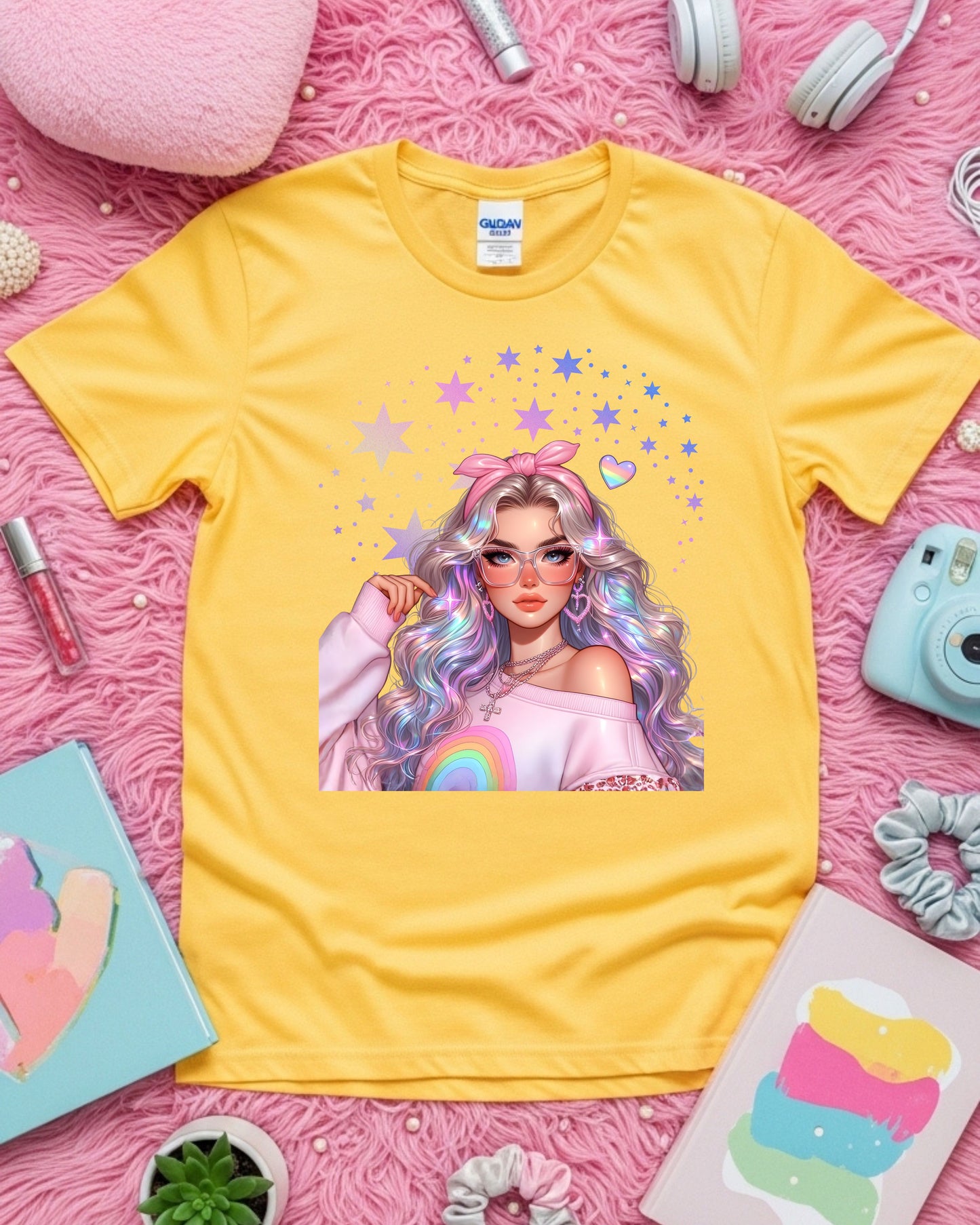 Kawaii Pastel Girl, T‑Shirt Soft Girl Aesthetic Tee Gen Z Rainbow Hair Graphic Cute Pastel Anime‑Inspired Top