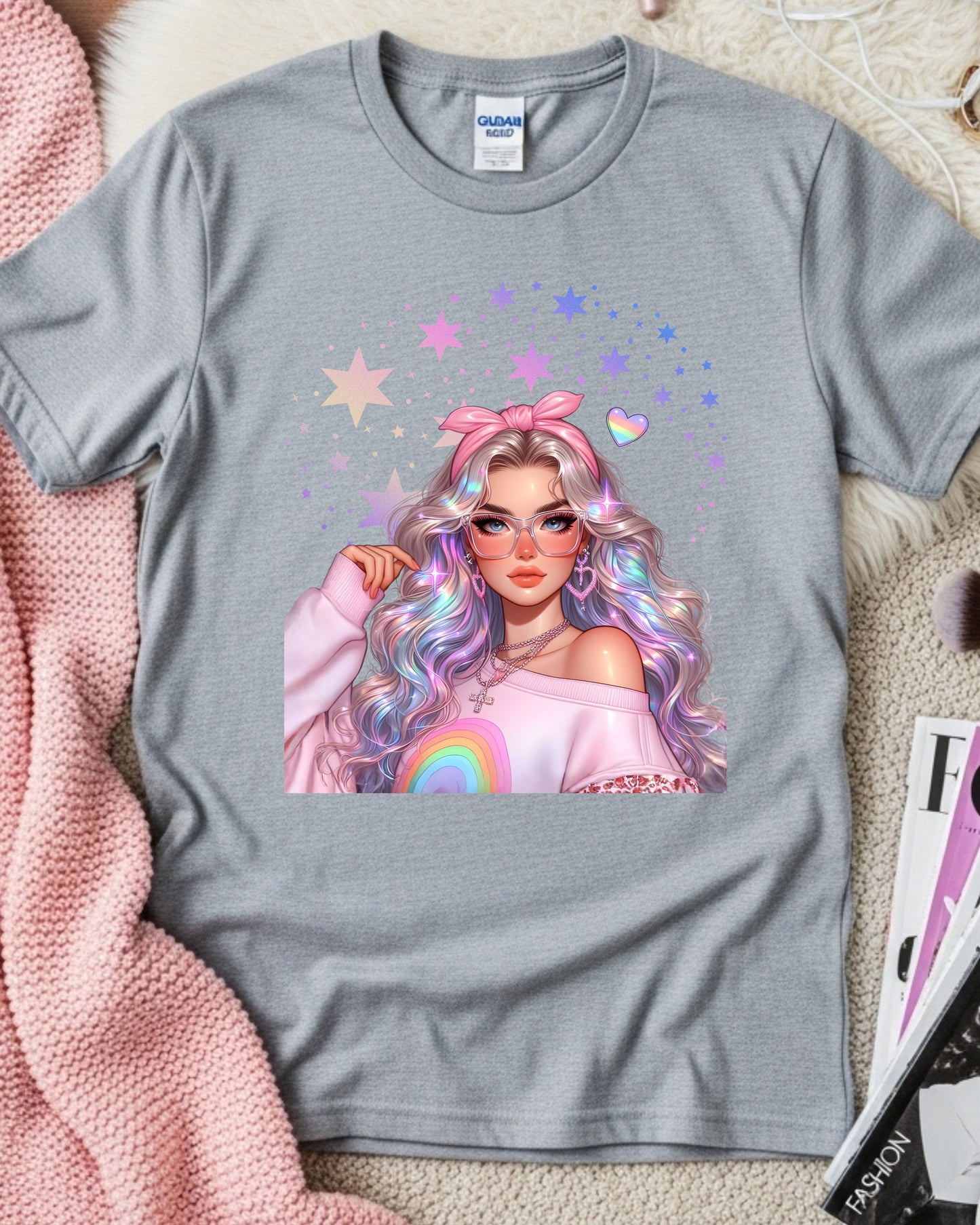 Kawaii Pastel Girl, T‑Shirt Soft Girl Aesthetic Tee Gen Z Rainbow Hair Graphic Cute Pastel Anime‑Inspired Top