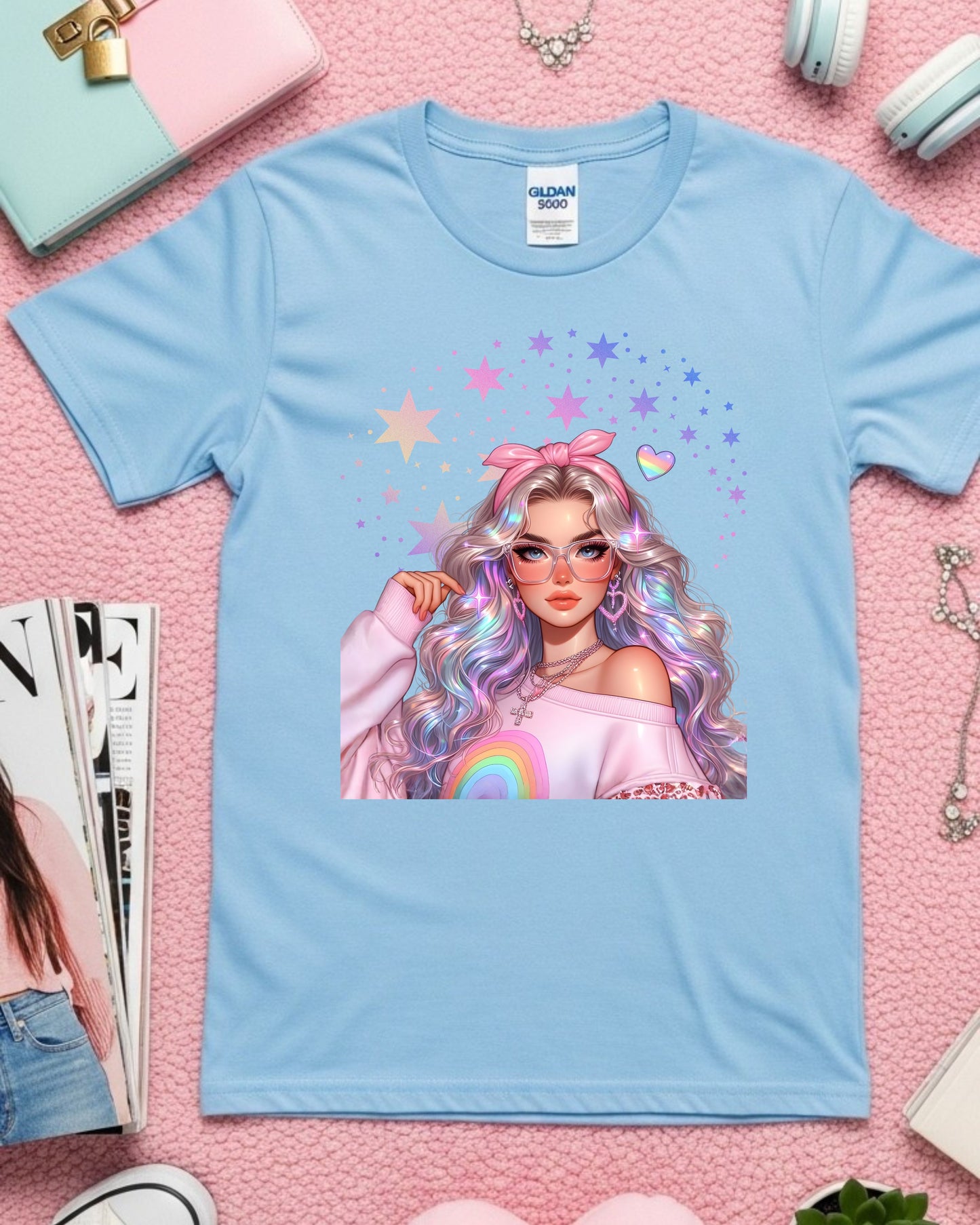 Kawaii Pastel Girl, T‑Shirt Soft Girl Aesthetic Tee Gen Z Rainbow Hair Graphic Cute Pastel Anime‑Inspired Top