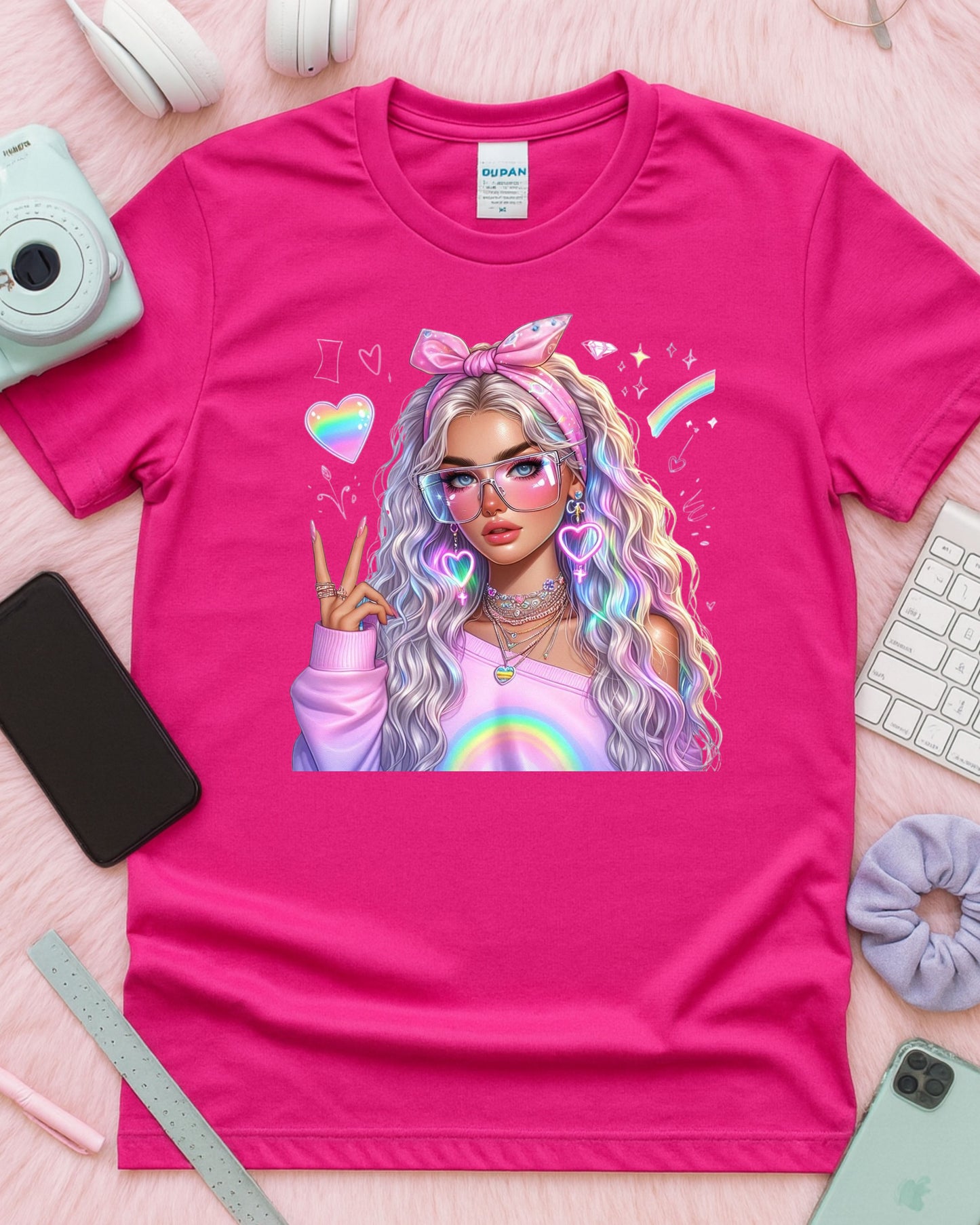 Kawaii Pastel Girl T-Shirt: Rainbow Hair Anime Graphic Top