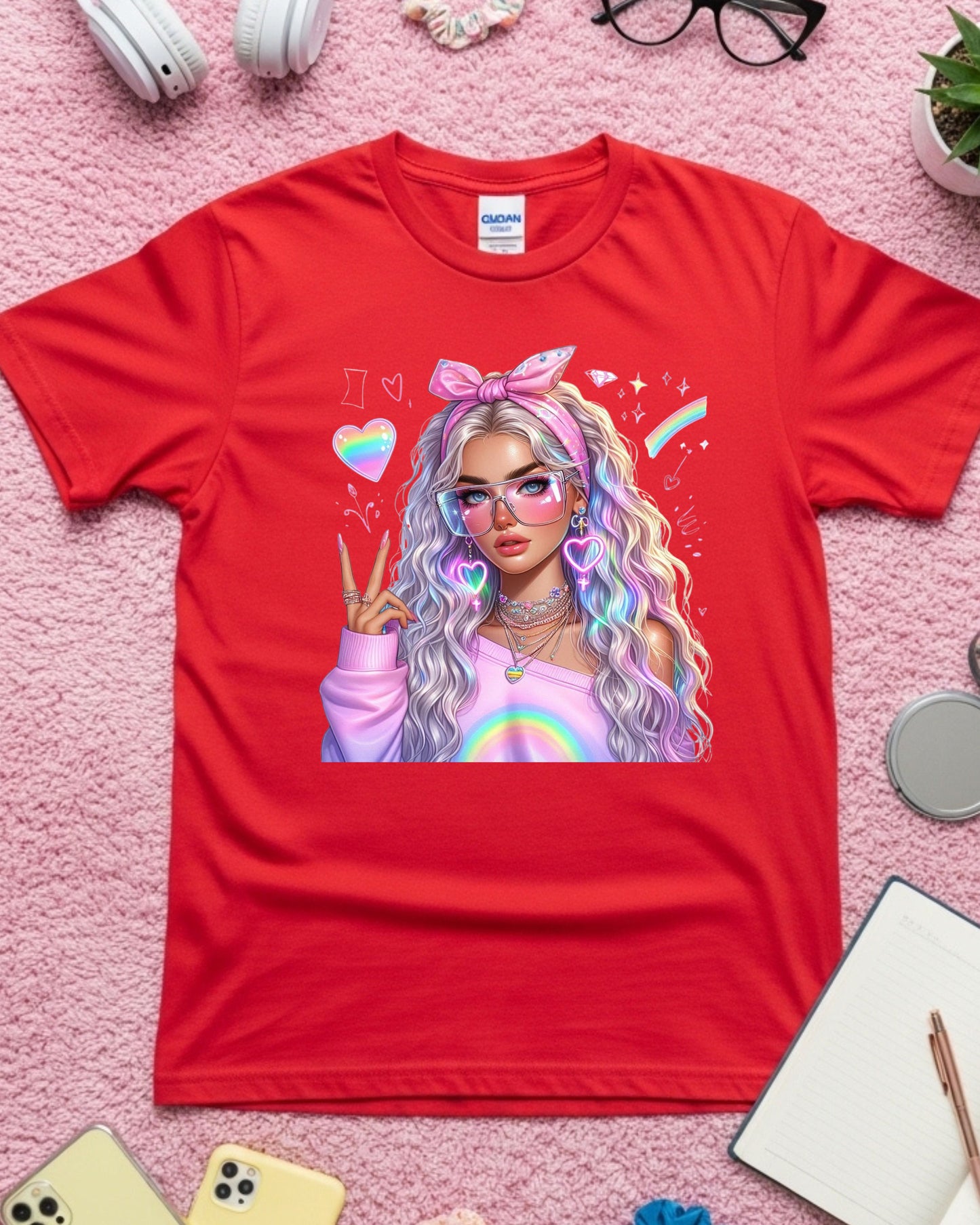 Kawaii Pastel Girl T-Shirt: Rainbow Hair Anime Graphic Top