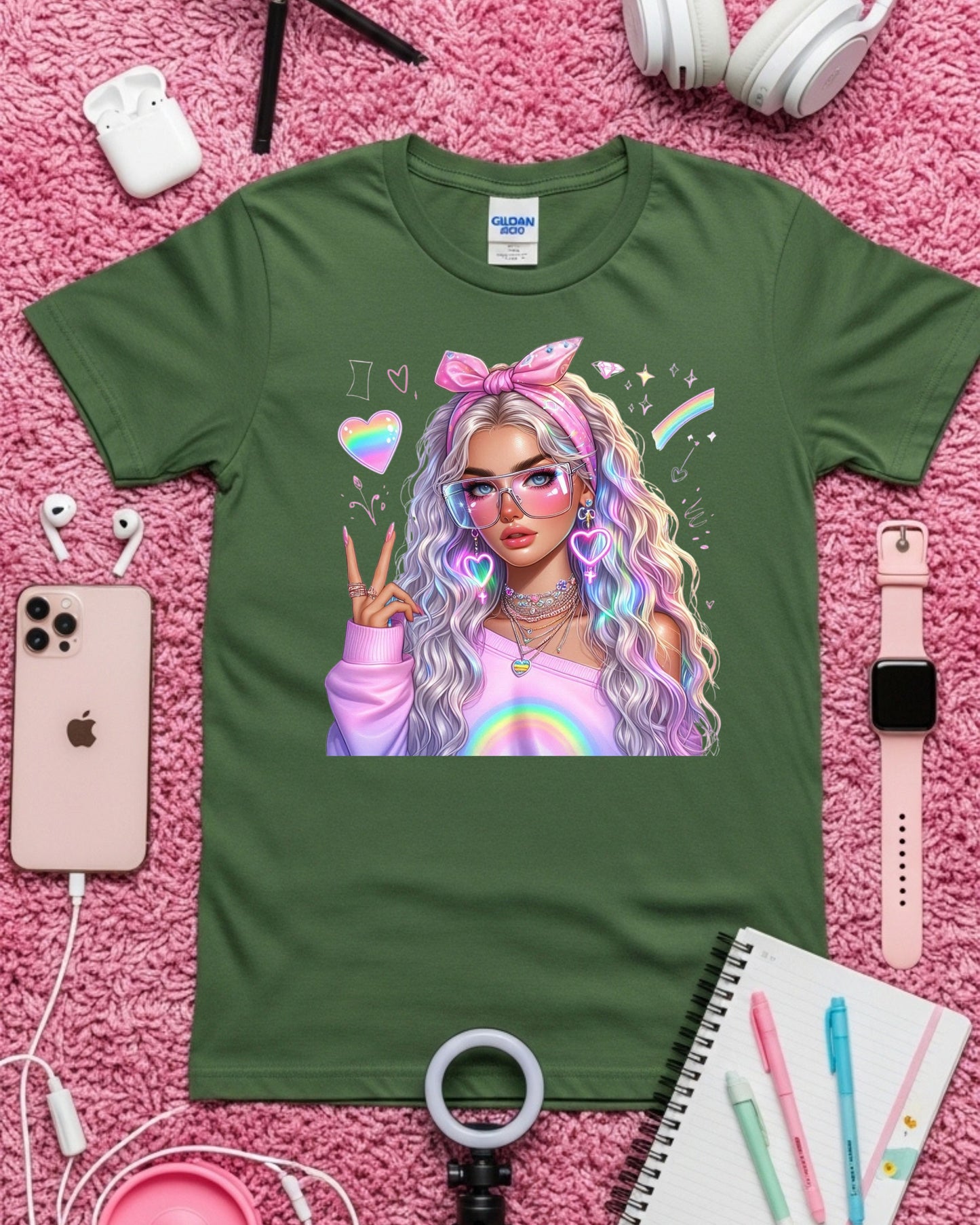 Kawaii Pastel Girl T-Shirt: Rainbow Hair Anime Graphic Top