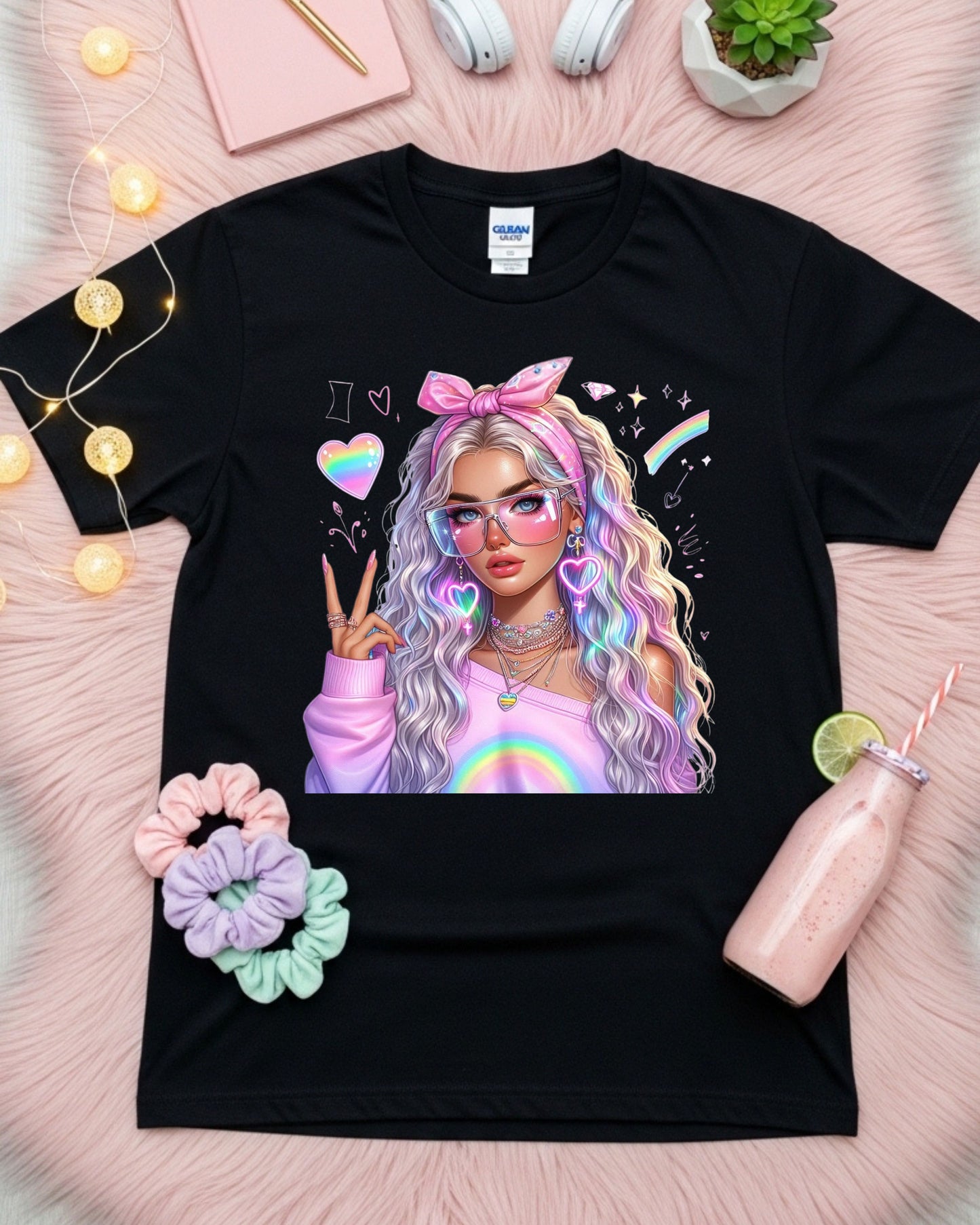 Kawaii Pastel Girl T-Shirt: Rainbow Hair Anime Graphic Top