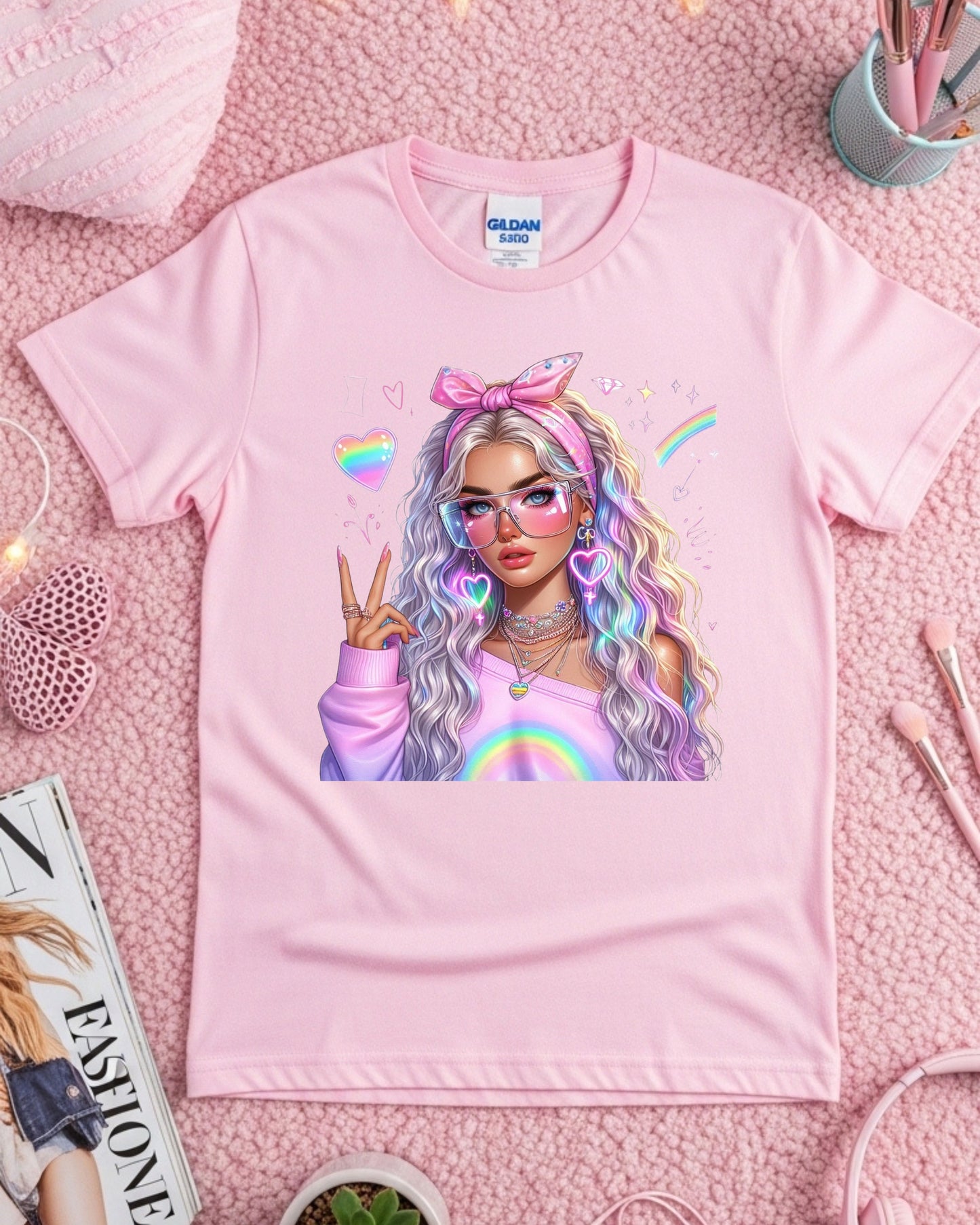 Kawaii Pastel Girl T-Shirt: Rainbow Hair Anime Graphic Top