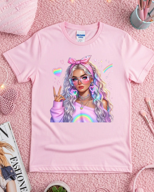 Kawaii Pastel Girl T-Shirt: Rainbow Hair Anime Graphic Top