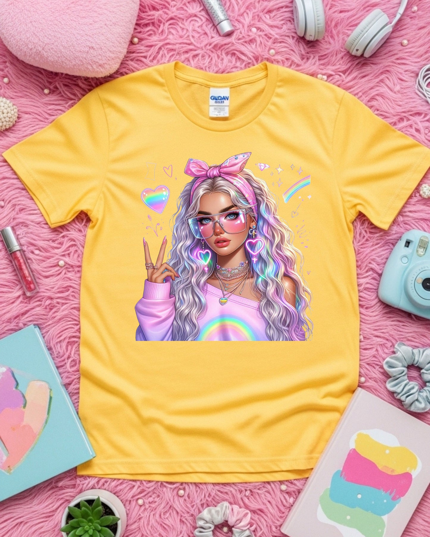 Kawaii Pastel Girl T-Shirt: Rainbow Hair Anime Graphic Top