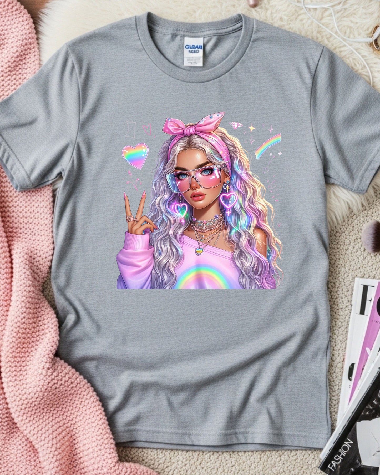 Kawaii Pastel Girl T-Shirt: Rainbow Hair Anime Graphic Top
