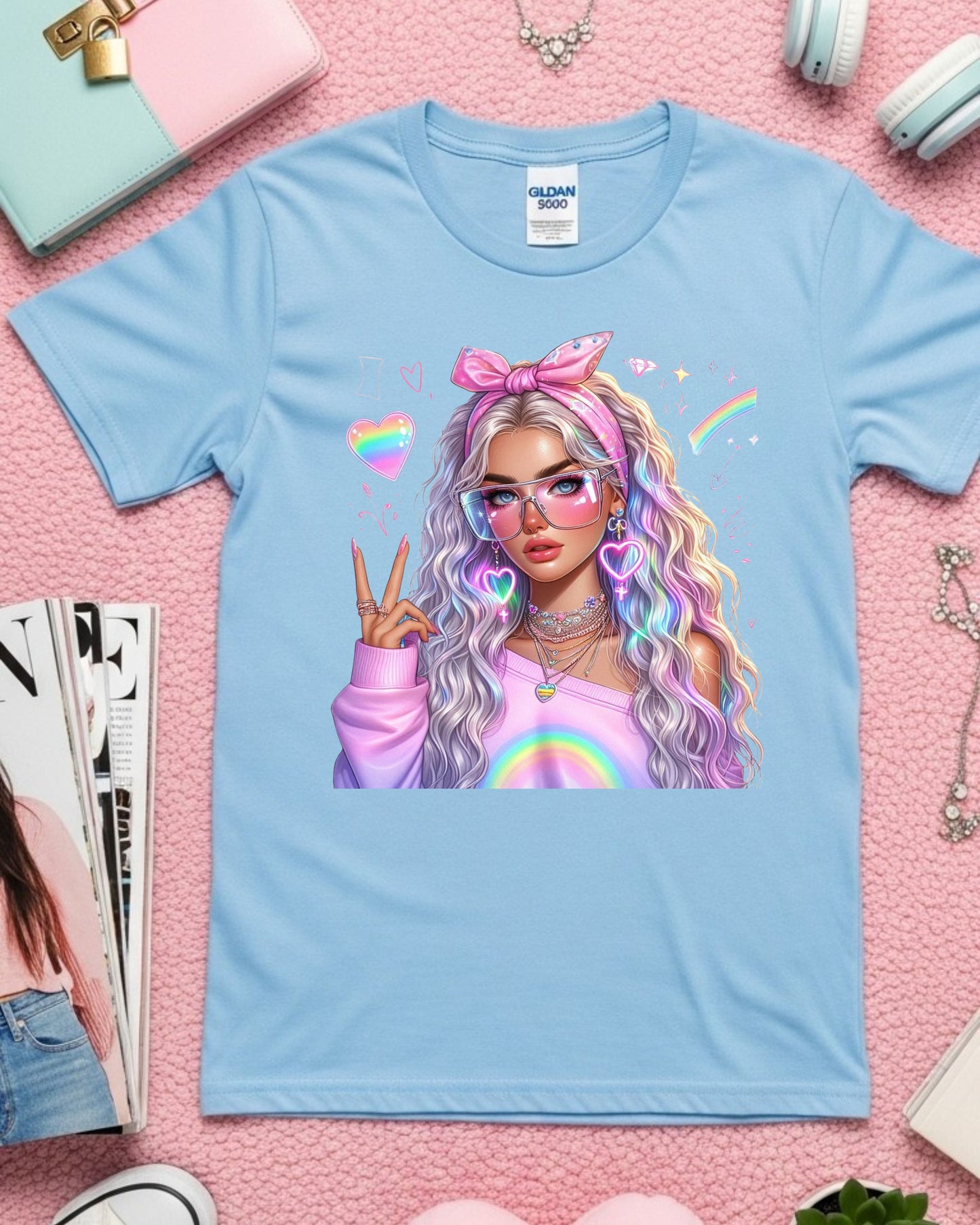 Kawaii Pastel Girl T-Shirt: Rainbow Hair Anime Graphic Top