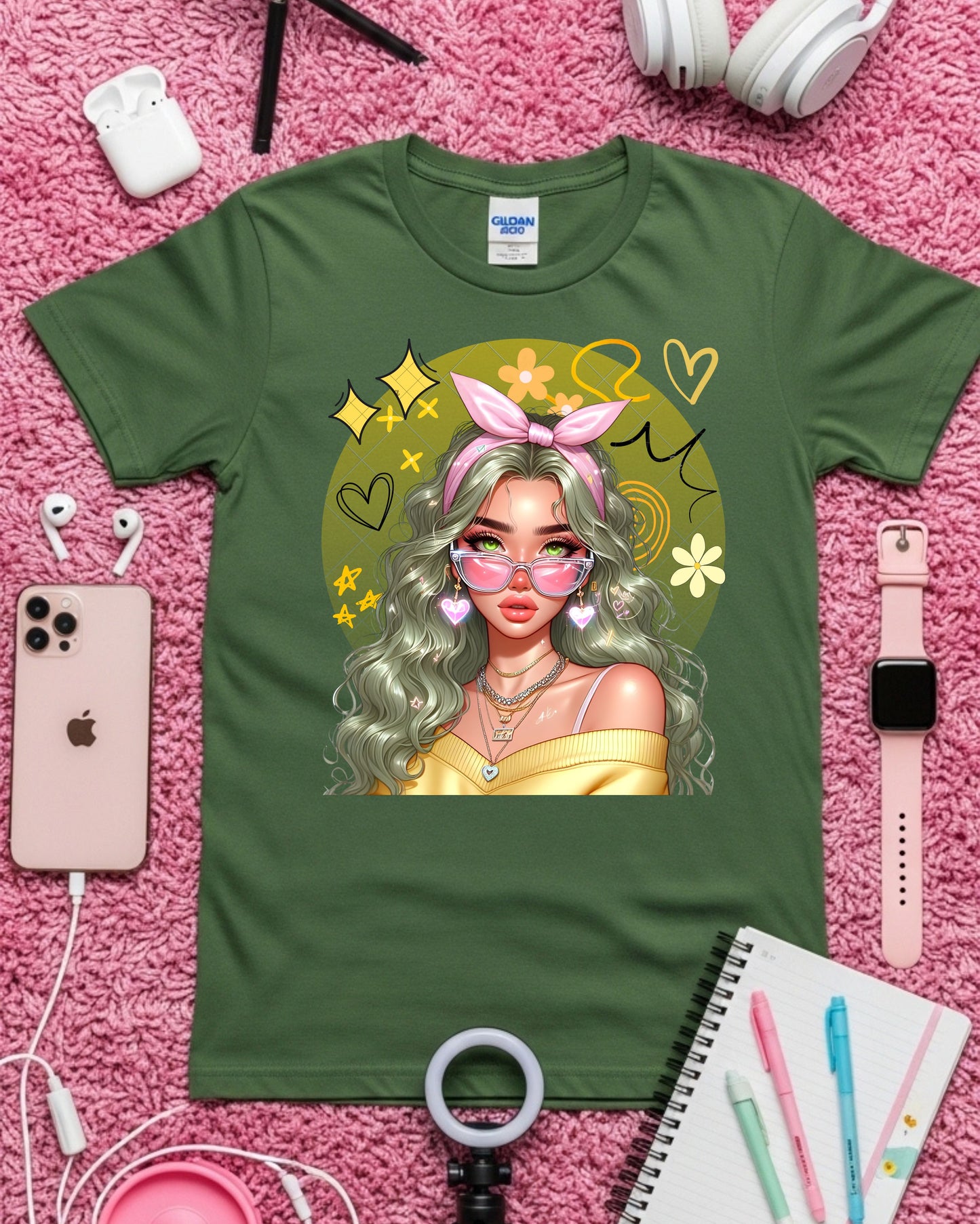 Kawaii Pastel Girl T‑Shirt Soft Girl Aesthetic Tee Gen Z Pastel Hair Graphic Cute Anime‑Inspired Top Whimsical Aesthetic Shirt