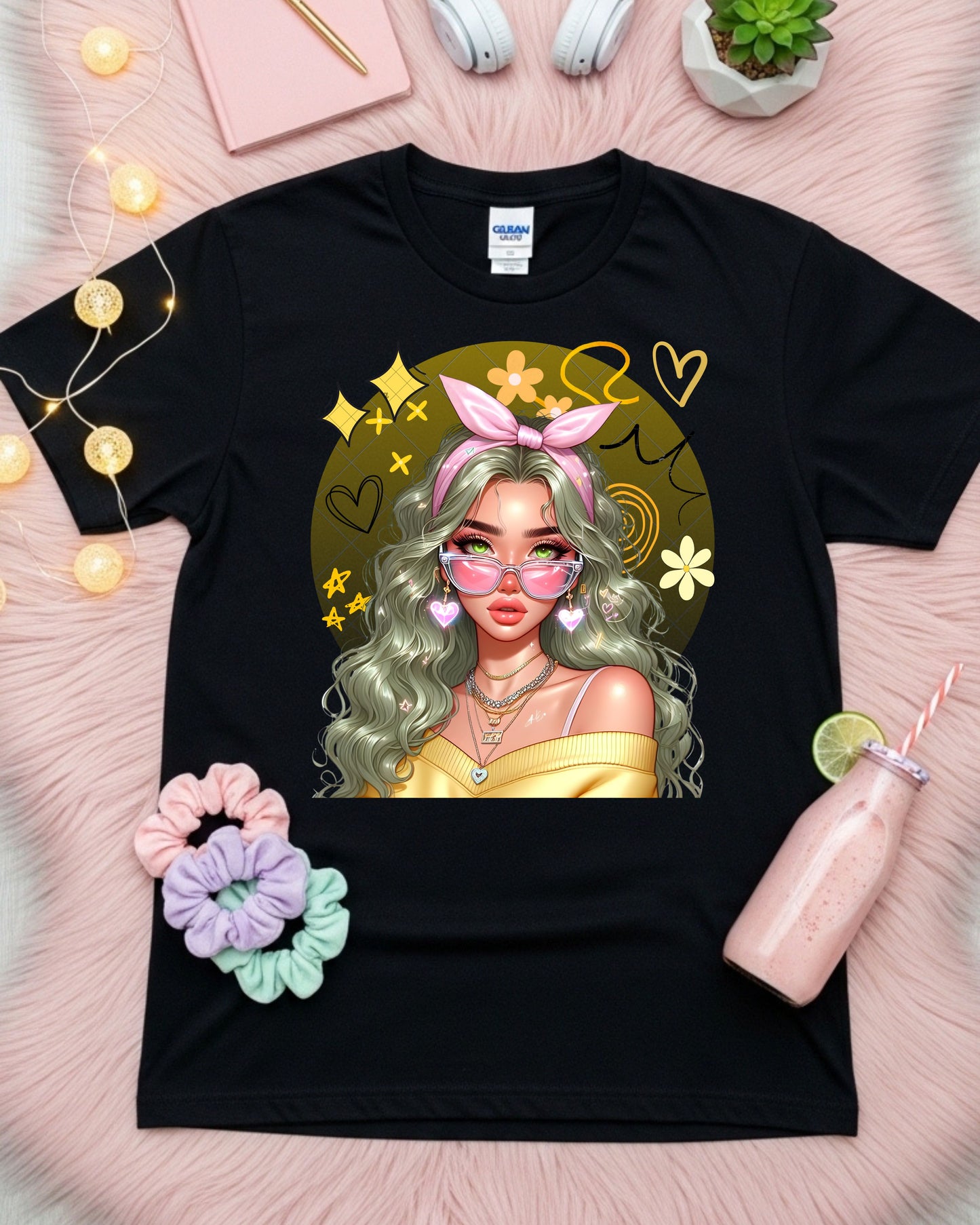 Kawaii Pastel Girl T‑Shirt Soft Girl Aesthetic Tee Gen Z Pastel Hair Graphic Cute Anime‑Inspired Top Whimsical Aesthetic Shirt