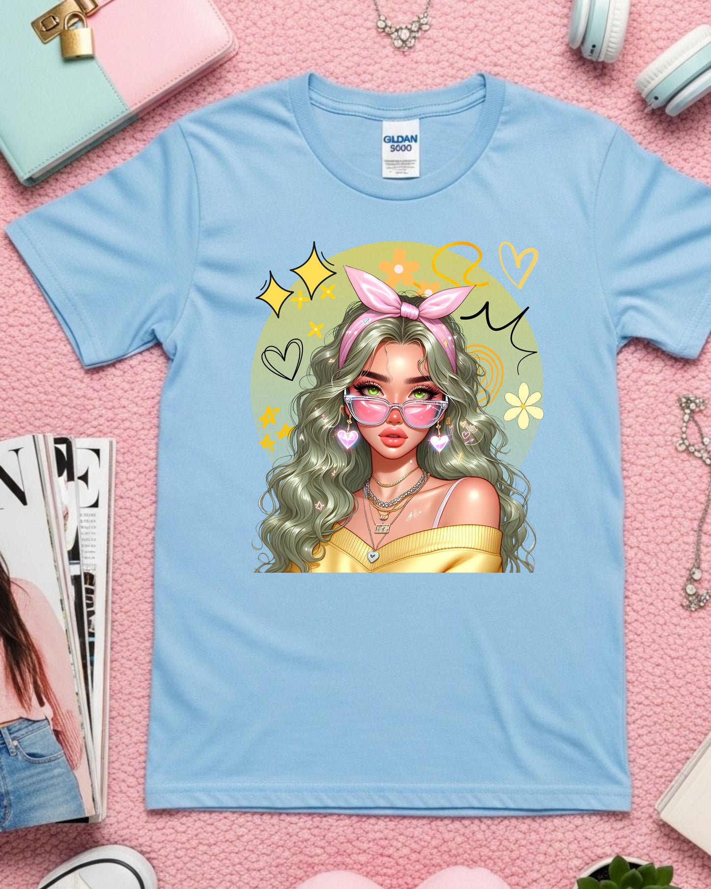 Kawaii Pastel Girl T‑Shirt Soft Girl Aesthetic Tee Gen Z Pastel Hair Graphic Cute Anime‑Inspired Top Whimsical Aesthetic Shirt