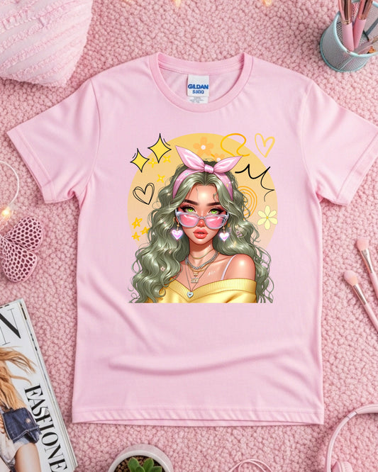 Kawaii Pastel Girl T‑Shirt Soft Girl Aesthetic Tee Gen Z Pastel Hair Graphic Cute Anime‑Inspired Top Whimsical Aesthetic Shirt