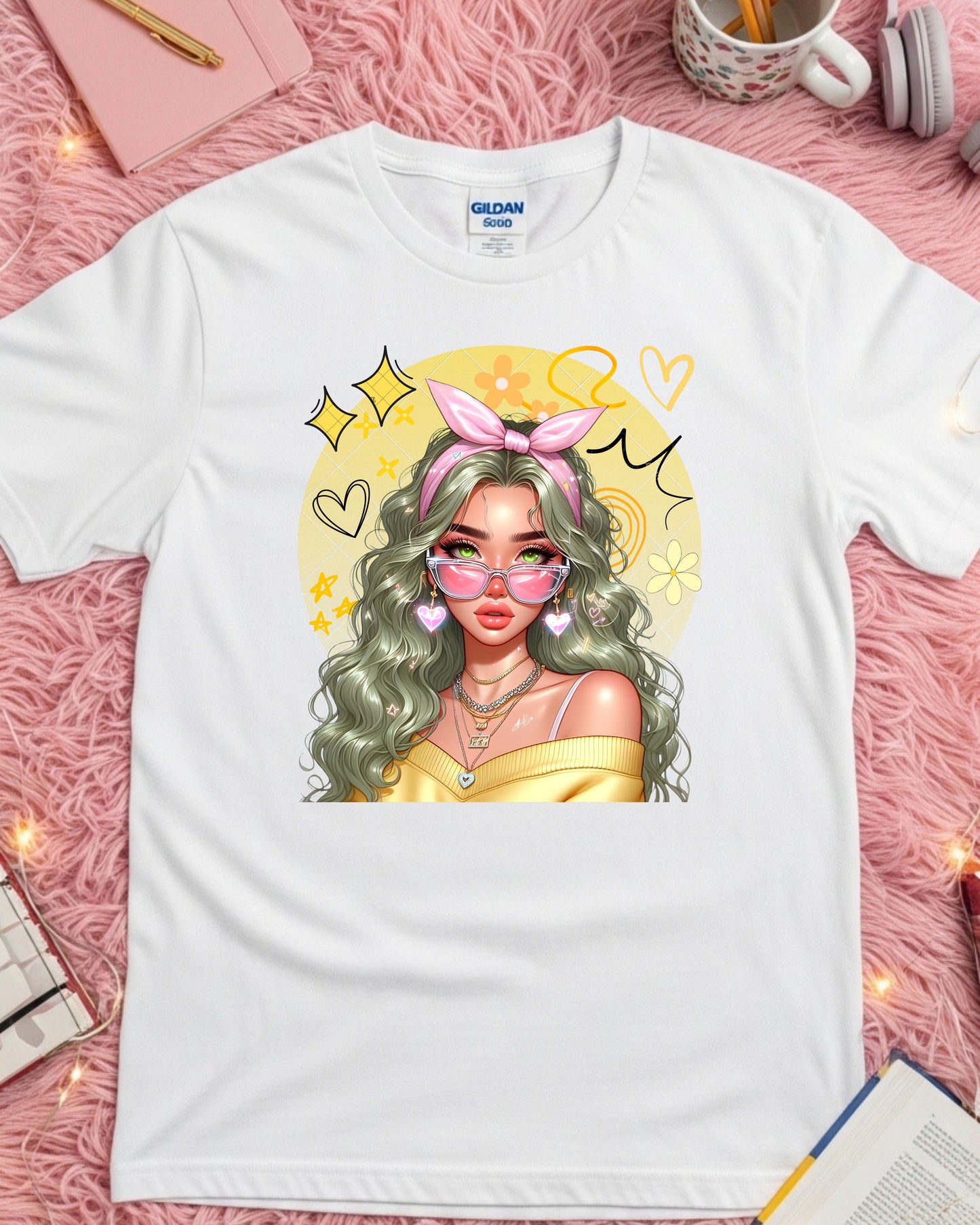Kawaii Pastel Girl T‑Shirt Soft Girl Aesthetic Tee Gen Z Pastel Hair Graphic Cute Anime‑Inspired Top Whimsical Aesthetic Shirt