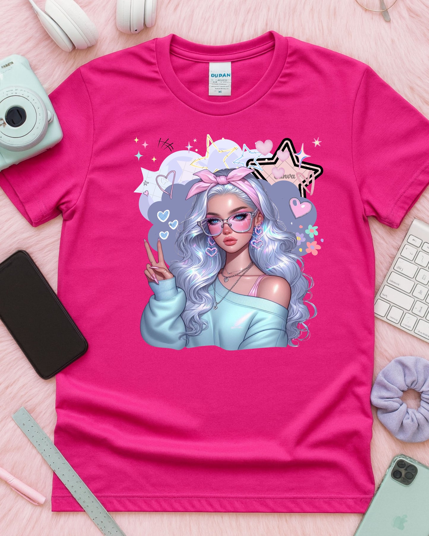 Kawaii Pastel Girl T‑Shirt Soft Girl Aesthetic Tee Gen Z Pastel Hair Graphic Cute Anime‑Inspired Top Whimsical Pastel Blue Aesthetic Shirt