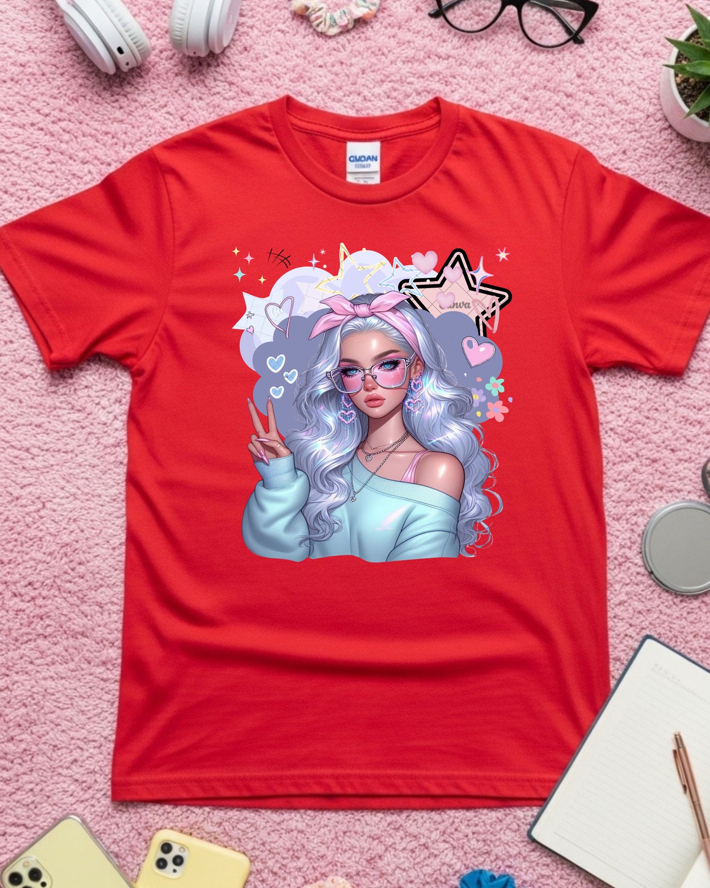Kawaii Pastel Girl T‑Shirt Soft Girl Aesthetic Tee Gen Z Pastel Hair Graphic Cute Anime‑Inspired Top Whimsical Pastel Blue Aesthetic Shirt