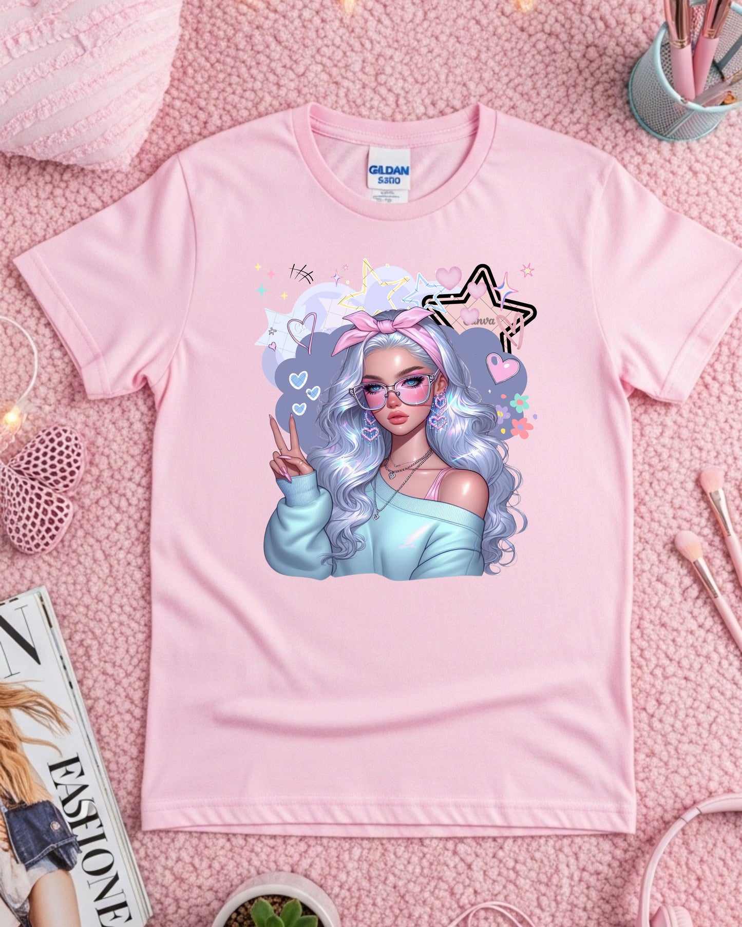 Kawaii Pastel Girl T‑Shirt Soft Girl Aesthetic Tee Gen Z Pastel Hair Graphic Cute Anime‑Inspired Top Whimsical Pastel Blue Aesthetic Shirt