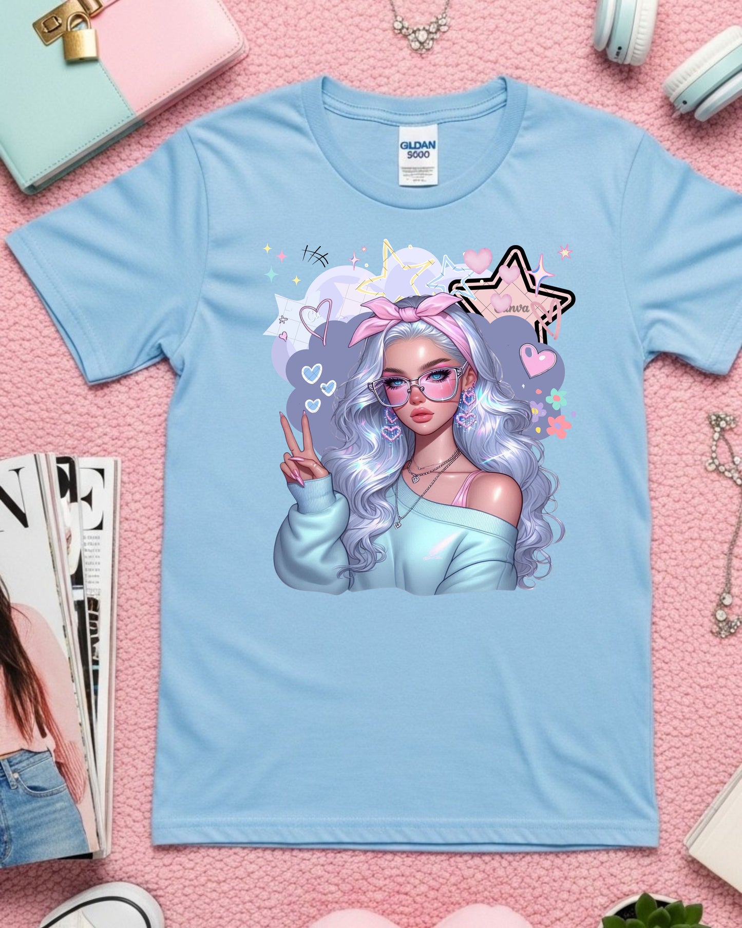 Kawaii Pastel Girl T‑Shirt Soft Girl Aesthetic Tee Gen Z Pastel Hair Graphic Cute Anime‑Inspired Top Whimsical Pastel Blue Aesthetic Shirt