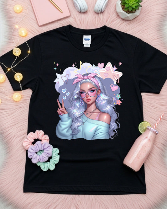 Kawaii Pastel Girl T‑Shirt Soft Girl Aesthetic Tee Gen Z Pastel Hair Graphic Cute Anime‑Inspired Top Whimsical Pastel Blue Aesthetic Shirt