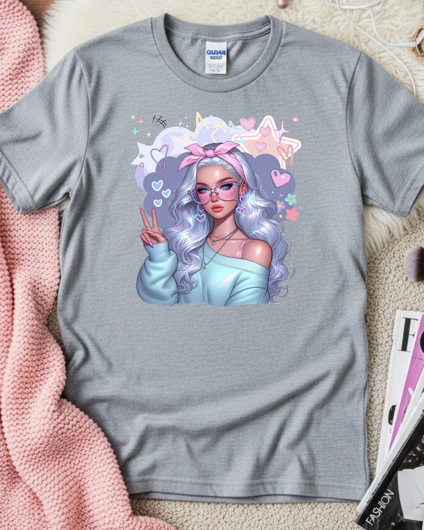 Kawaii Pastel Girl T‑Shirt Soft Girl Aesthetic Tee Gen Z Pastel Hair Graphic Cute Anime‑Inspired Top Whimsical Pastel Blue Aesthetic Shirt