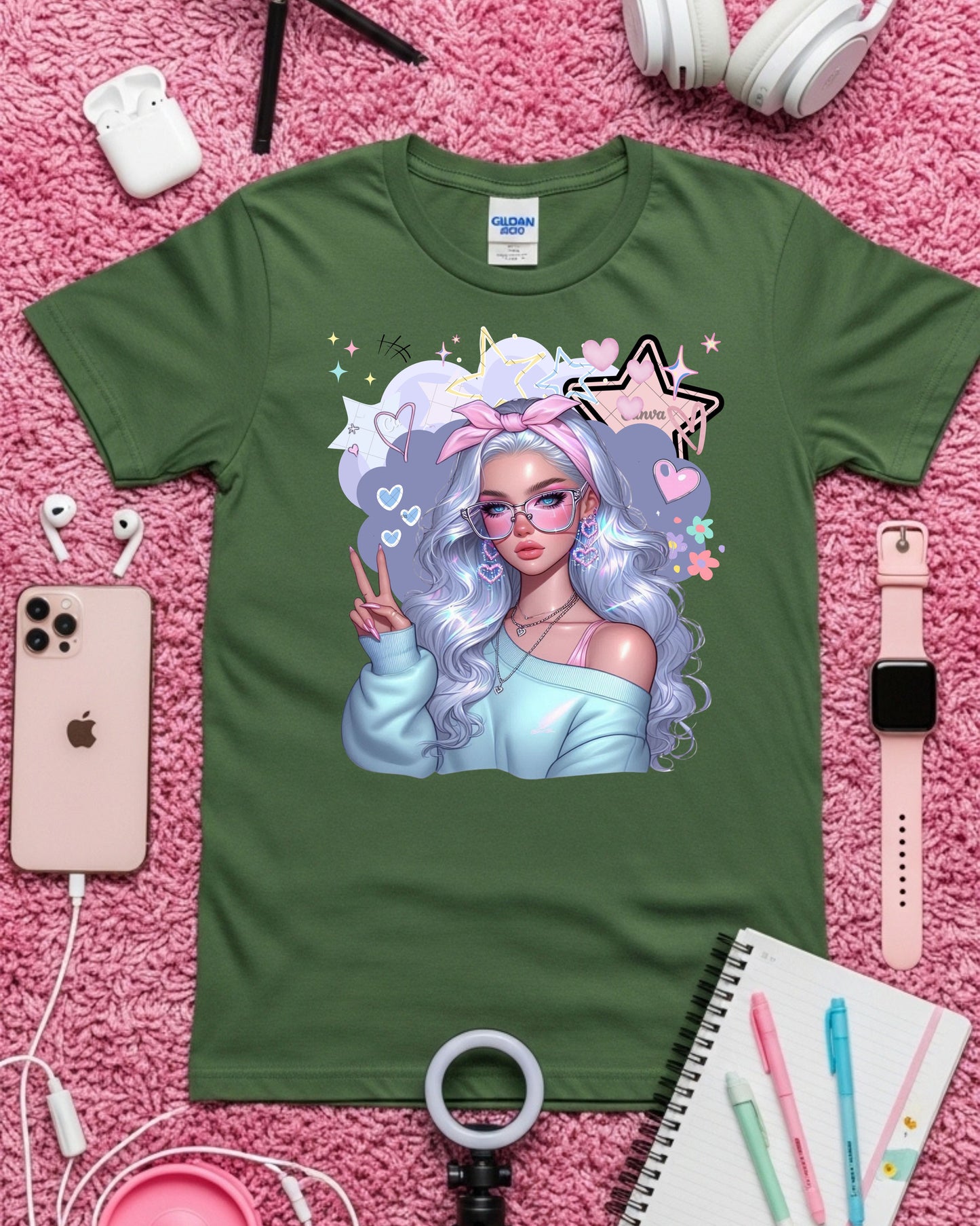 Kawaii Pastel Girl T‑Shirt Soft Girl Aesthetic Tee Gen Z Pastel Hair Graphic Cute Anime‑Inspired Top Whimsical Pastel Blue Aesthetic Shirt