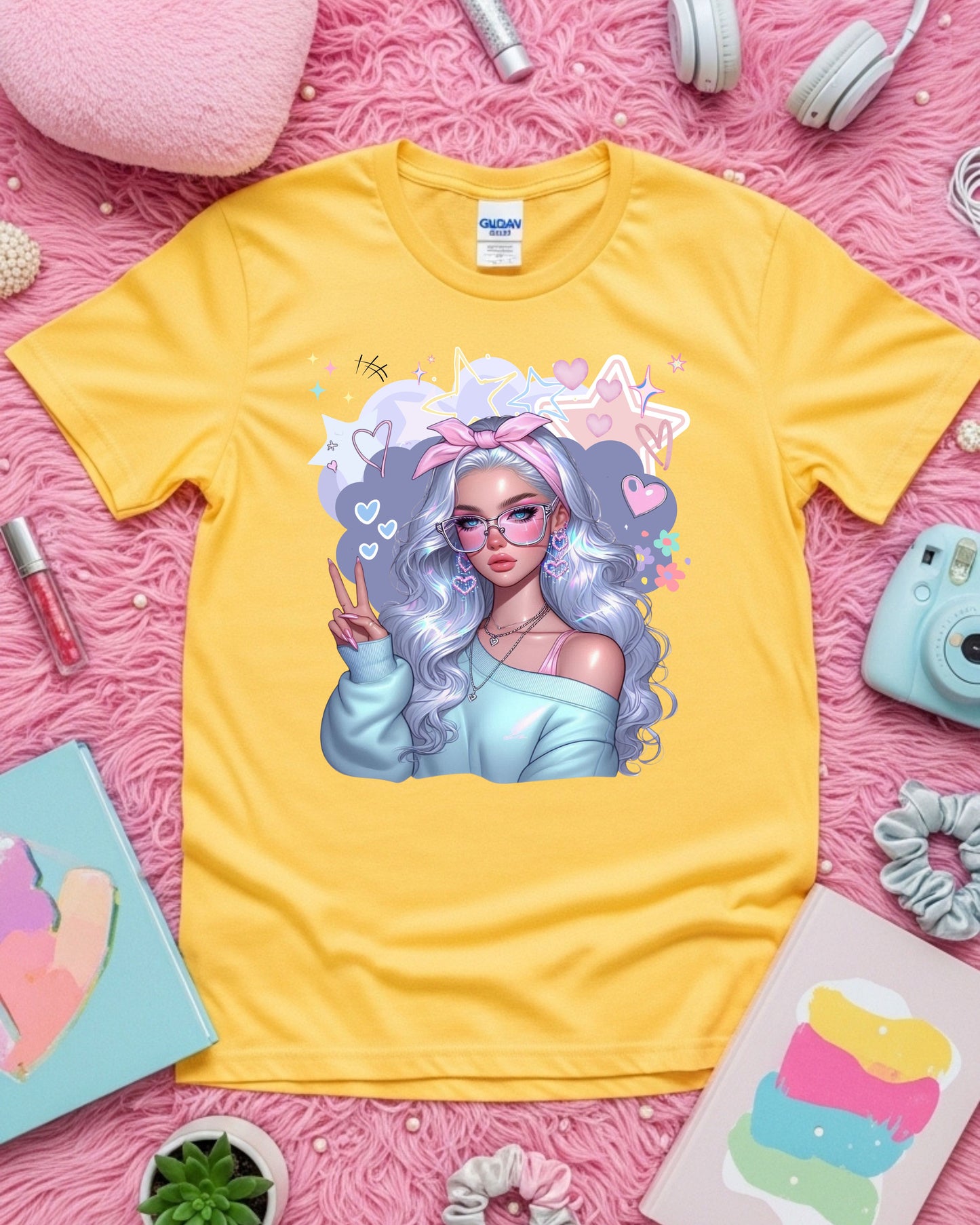 Kawaii Pastel Girl T‑Shirt Soft Girl Aesthetic Tee Gen Z Pastel Hair Graphic Cute Anime‑Inspired Top Whimsical Pastel Blue Aesthetic Shirt